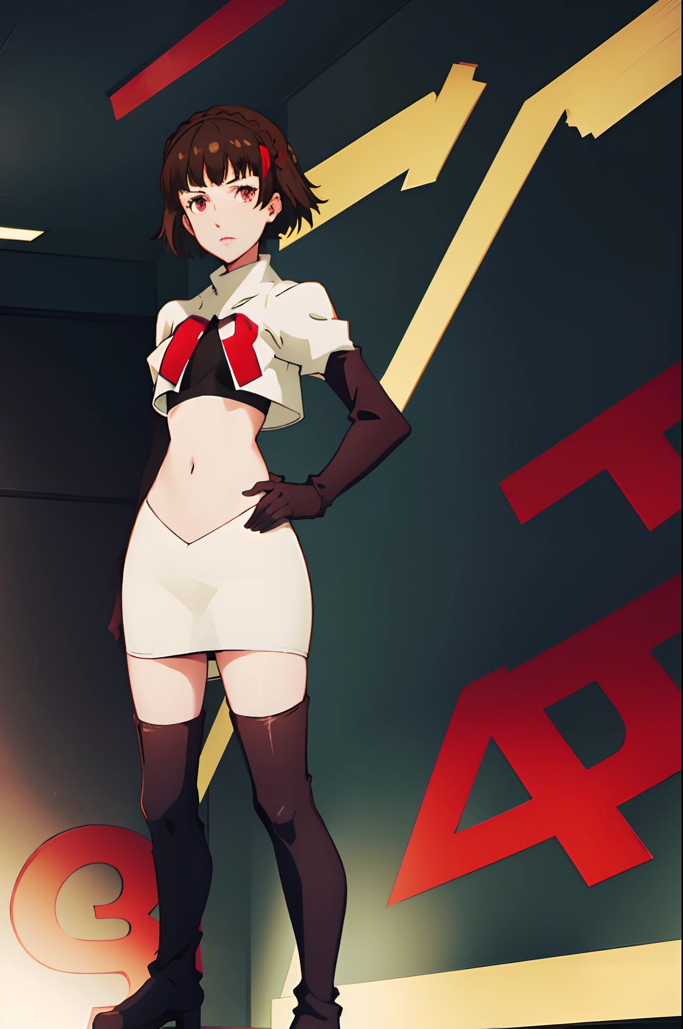 Solo, Makoto_Niijima (da persona 5, 1female, white skin, Japanese, red eyes, short brown hair, braid like a hairbow on top of hair, small boobs), team rocket uniform, white jacket, white skirt, pencil skirt, miniskirt, thighhigh boots, elbow gloves, hand on hip, midriff, red letter "R",