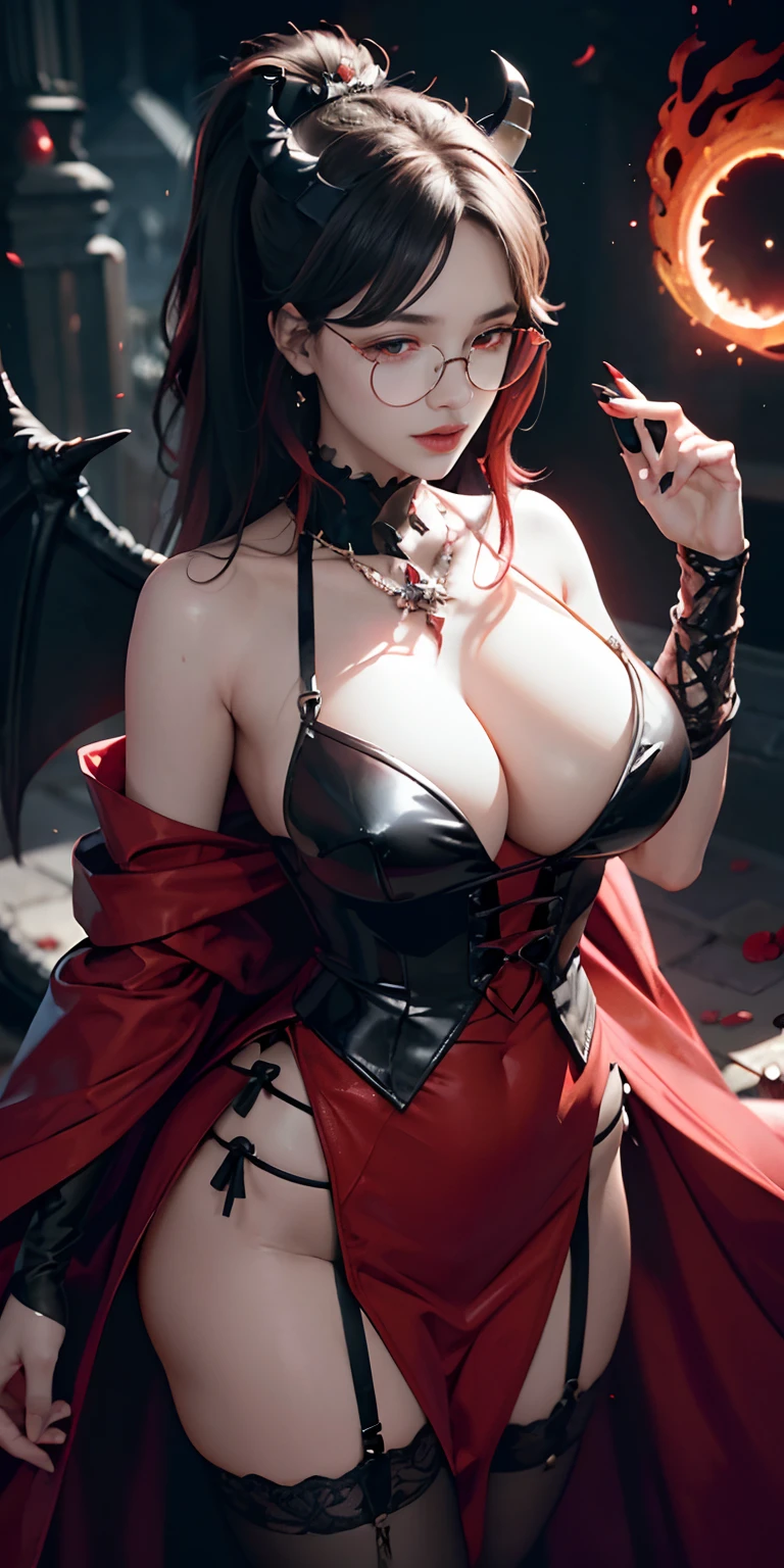 Fine、(The best illustrations)、8k UHD resolution、intricate-detail、top-quality、realisitic、ultra-detailliert、The best lighting、Best Shadows、Soft lighting、Ulutra HD、Dungeon and Dragon、caves、Dungeon、 magia、tentaculata、A Necromancer、natta、Dark style、Succubus、Devil's Daughter、Bat Wings,(((Demon Horns)))、((((black-rimmed round glasses))))、(((Colossal tits)))、(Devil's Tail)、(red eyes glowing:1.6)、masterpiece、beautiful countenance、Tindall Effect、photos realistic、(High Detail Skins:1.2)、8KUHD、Digital SLR、hightquality、a picture、hight resolution、 absurderes、Ponytail distortion、best ratio four finger and one thumb、1人、hair adornments、Red sparkling gemstone necklace、jewely、Beautiful expression、Body Up、Large breasts emphasis、Toned waist、Wide buttocks、Tindall Effect、Photorealsitic、(High Detail Skins:1.2)、In the Dark, lowkey, cowboy lens, (red phoenix dress: 1.0), Long hair, Black hair, Bust, Devil's Palace, devil crown, red eyes make up very sharp and detailed, The most beautiful face, Super tight breasts, Breast augmentation surgery, The breasts are very big and round and round, Black Magic Costume、Super realistic , Charming smile, The eyes are very well made up, ((Red Eye:1.0)), guweiz, devil style, wearing black mesh socks, Ponytail with a bow tied at the back of the hair, plump beautiful red lips, wearing a thin red and black robe, Hands pull the straps to expose sexy breasts, the landscape is overcast and thunderous, Beautiful female demon portrait, Protagonist Close-up, (Detailed spooky backgrounds:0.8), nffsw, nffsw, The 8k quality, detailed pixel, Meet beautiful girls, Look at the girl's body,
