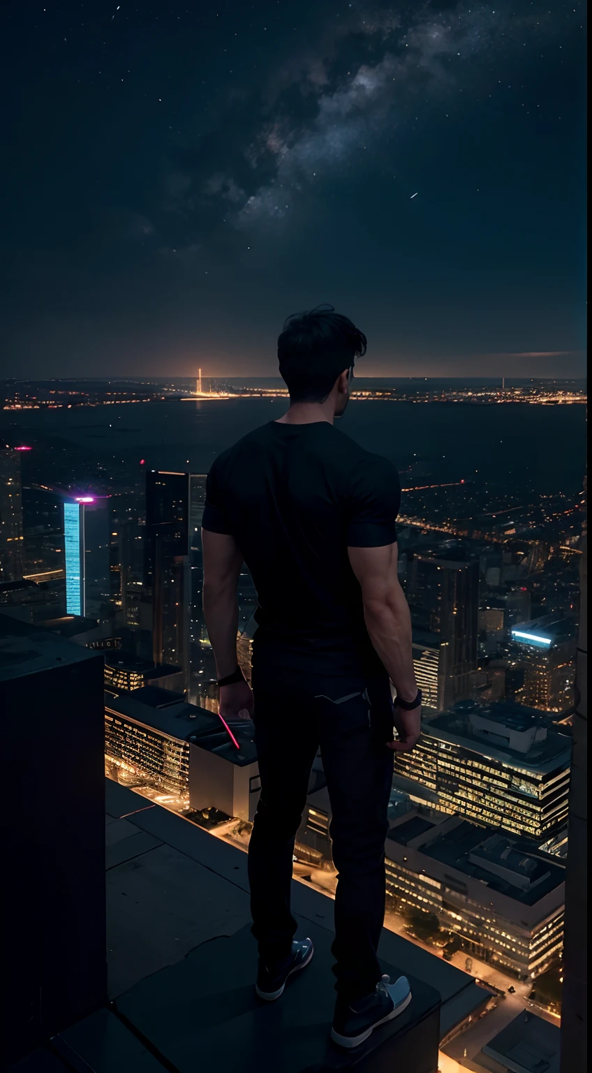 1boy, a tall muscular guy, standing on the top of a building, standing in a dark place, wearing tshirt, looking at beautiful night city, at night, beautiful city view, electricity environment, beautiful scenery, back side view, standing in dark place