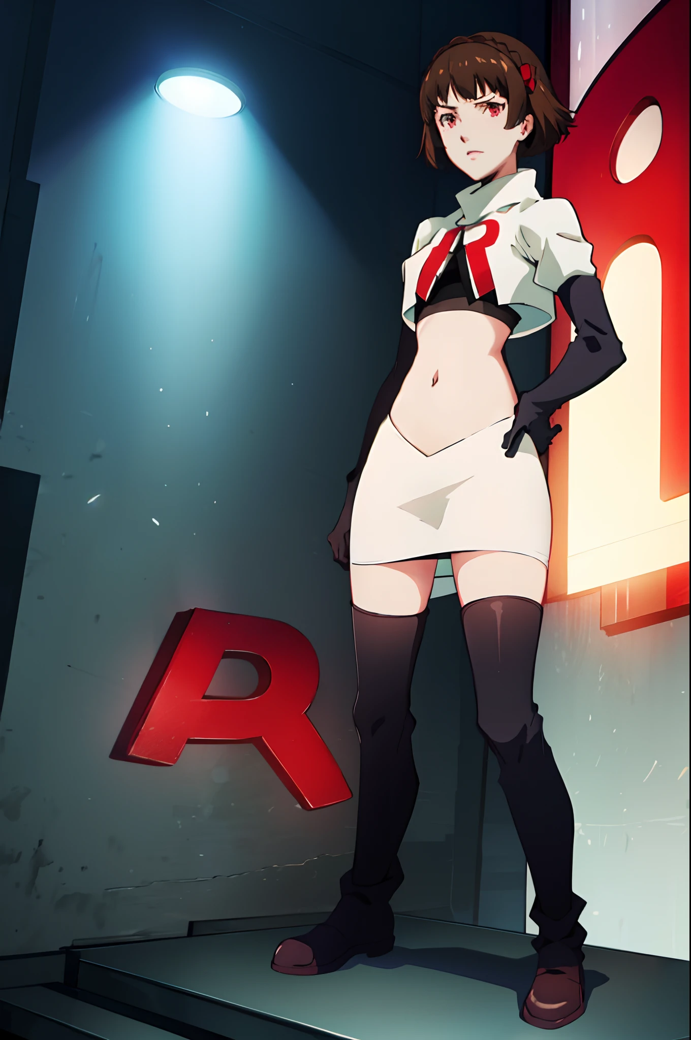 Solo, Makoto_Niijima (da persona 5, 1female, white skin, Japanese, red eyes, short brown hair, braid like a hairbow on top of hair, small boobs), team rocket uniform, white jacket, white skirt, pencil skirt, miniskirt, thighhigh boots, elbow gloves, hand on hip, midriff, red letter "R",