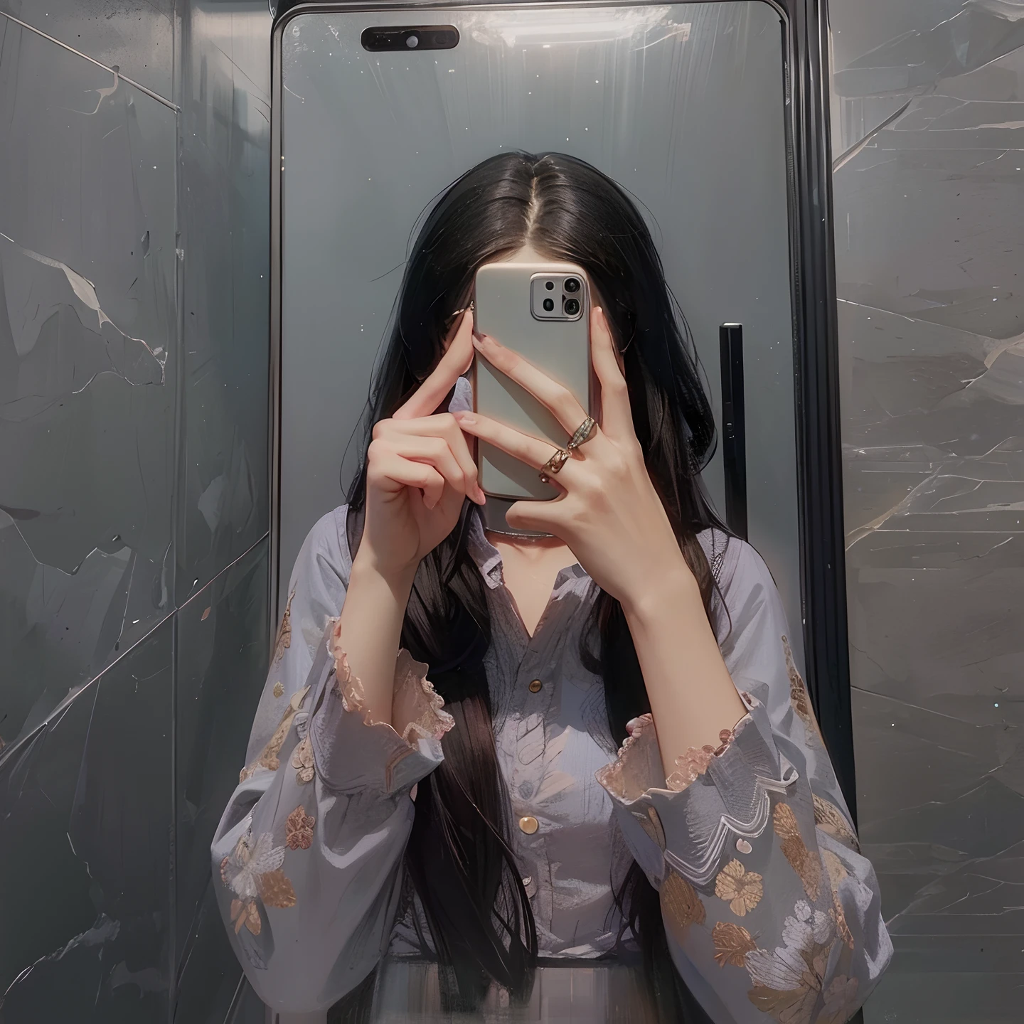 Girl holding a phone 2 hands futuristic background mirror realistic face ultra high quality hd 8k