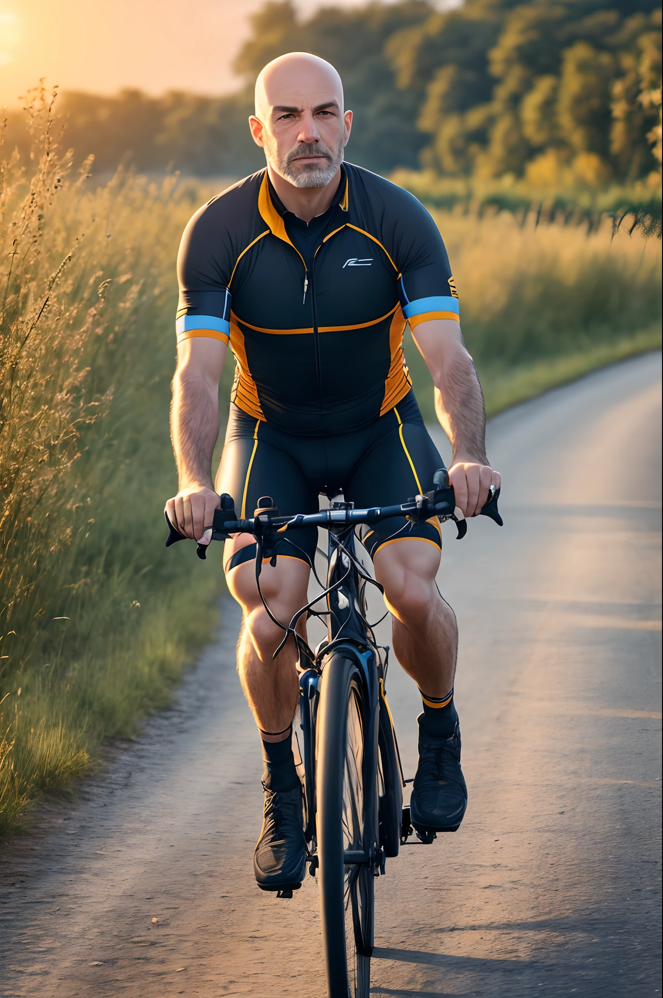 Bald man, realism, 35 years old, cycling, clean-shaven, bicycle path, accent nature view, sunrise -ar 16:9, 8k --auto --s2