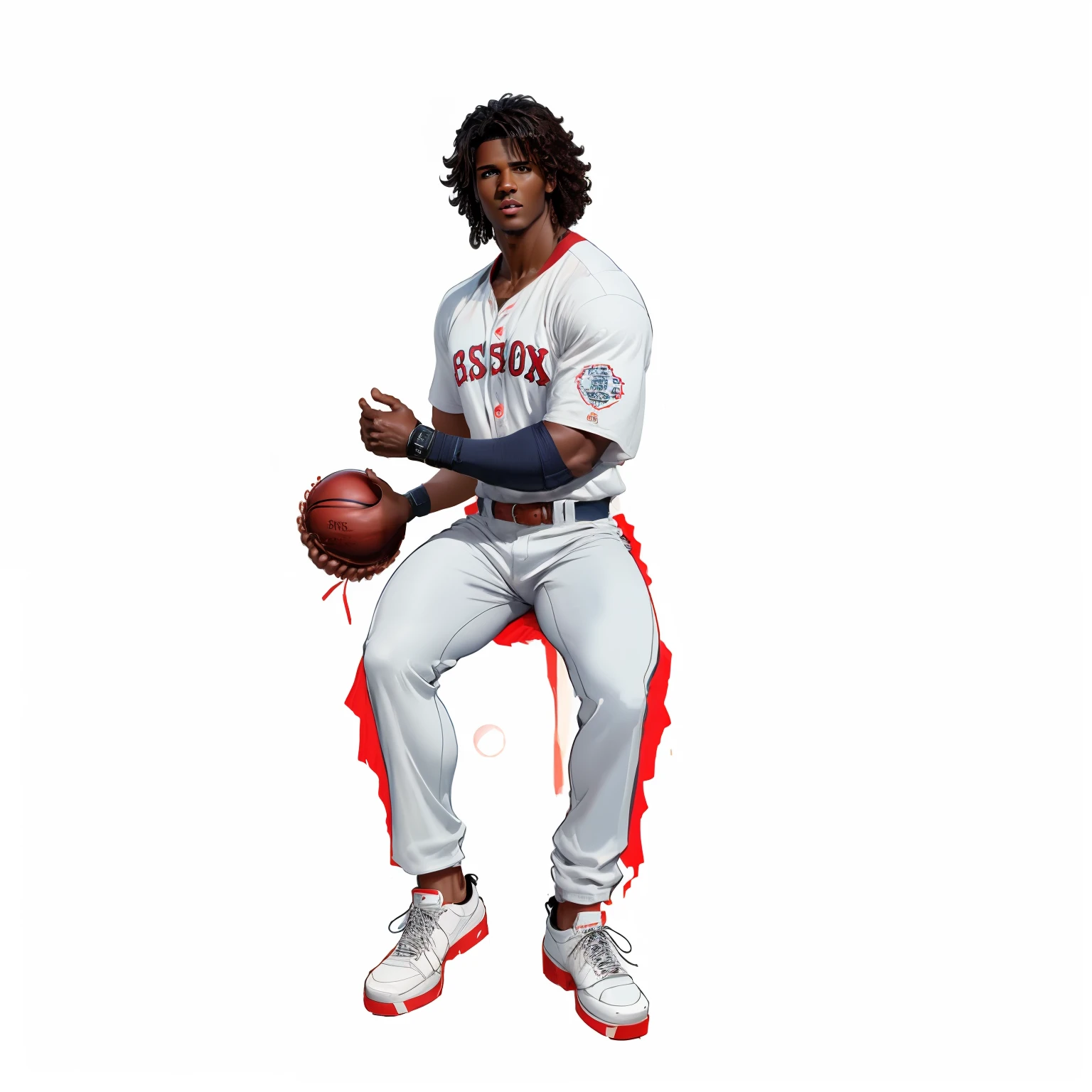 tom cruise as an afro baseball player sitting on a base with a glove on right hand, bare hands holding ball on left hand,, the red sox left fielder, boston, full body concept, full body wide shot, realistic painting, nice drapery, promotional render, full body illustration, ( ( dark skin ) ), 3 / 4 pose
