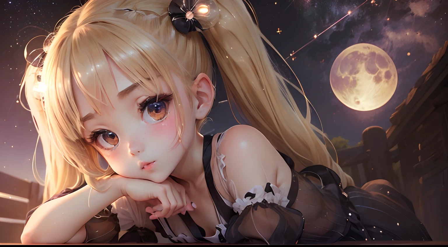 (((Petite girl with blonde twin tails))),Silk Off Shoulder Dress),1girl in,(masutepiece), (Best Quality), (Best Detail),, ((())), Very detailed face, , Night , shading ,(((kosmos))),(((see -through))),((())),((Kamimei))),,(((milkyway,fullmoon))),(((frontage))),()),(((push-ups))),((()))