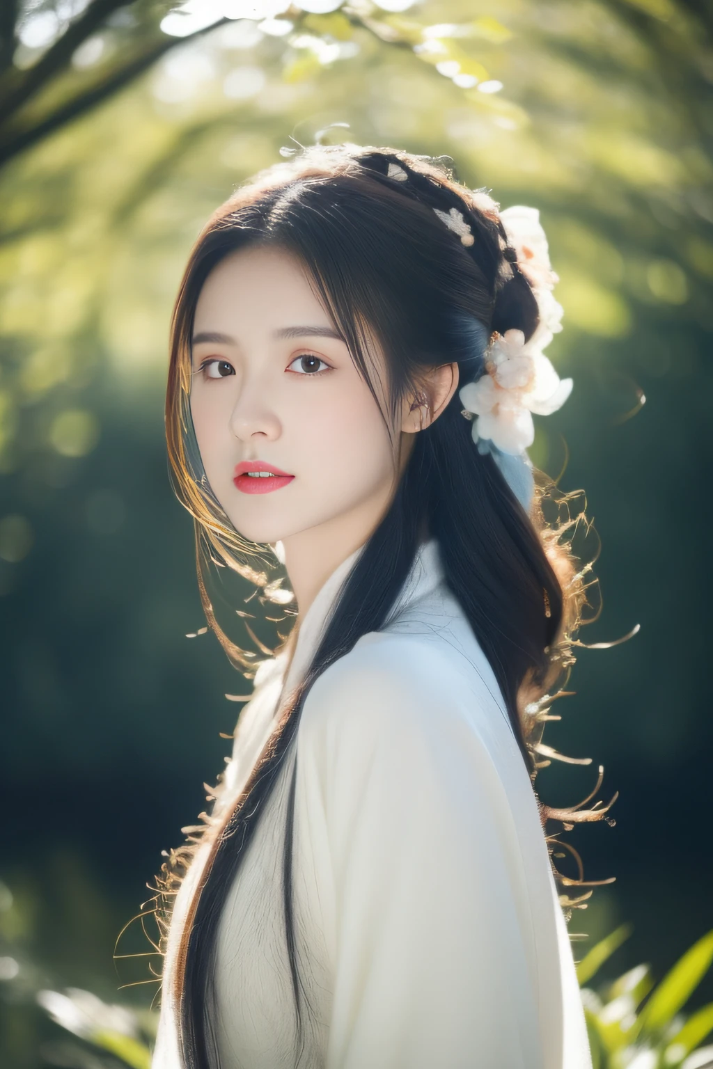 Under the sunlight, Hanfu women, White Hanfu, Portrait photo of the upper body, Hairpins, hair-bun, Fringed Hair Ornament, Green trees, Clear sky, Bridge overhangs, Dreamy, Bouguereau reports, trending on artstationh, Exquisite facial features style, Close-up photo style, 8K, k hd, Superior quality, realistic sense, First-person perspective, orthofacial,looking at viewert