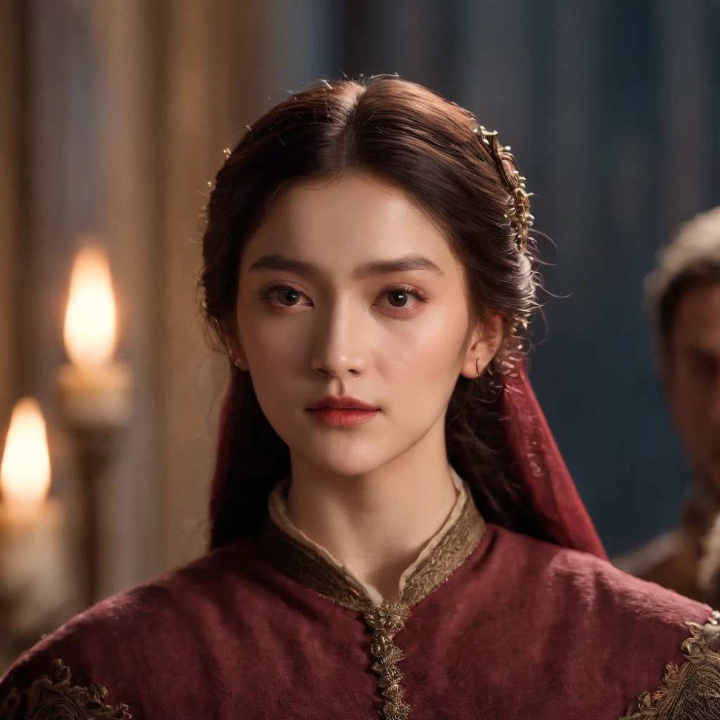 (((a deep reddish wound crosses her left cheek))) fit complexion, Chanyeol, Chanyeol from exo, natural dark hair, dark eyes, no head armor, slender and graceful, in a medival castle, candlelight in a medieval setting, ultra sharp focus, realistic shot, medieval male knight, red and gold color (scar:1.4)