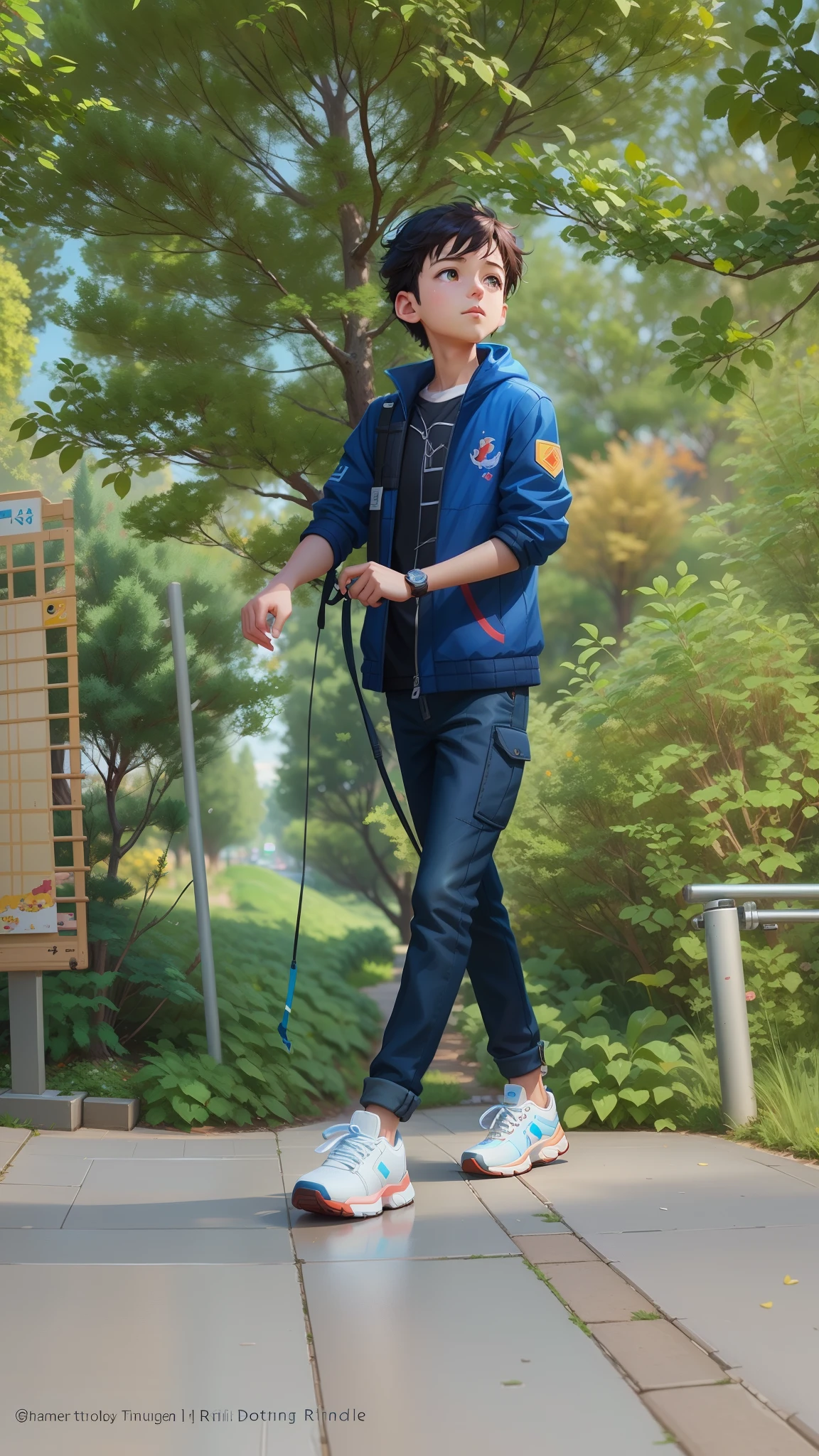 there is a boy walking with a dog on a path, adorable digital painting, childrens art in artstation, artwork in the style of guweiz, cute detailed digital art, atey ghailan 8 k, adventure hyper realistic render, by Leng Mei, realistic anime 3 d style, female explorer mini cute boy, cute digital boy, realistic cute boy painting