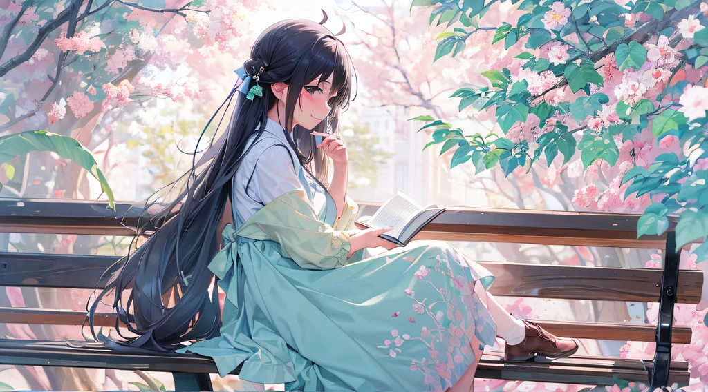 Black hair, hair bobbles, wince, long eyelasher, solid circle eyes, Fake animal ears, Light smile, Ear blush, Fang, surrealism, shadowing, anaglyph, stereograms, tachi-e, angle of view, Atmospheric perspective, Monet, Monet, 8K, Super detail, ccurate, Best quality, A high resolution, In the small cluck, Quiet park,A young cute woman sits on a bench reading a book。She wore a light blue dress,Long hair casually draped over the shoulders。The sun shone on her through the gaps between the leaves,Make her look more beautiful and moving。