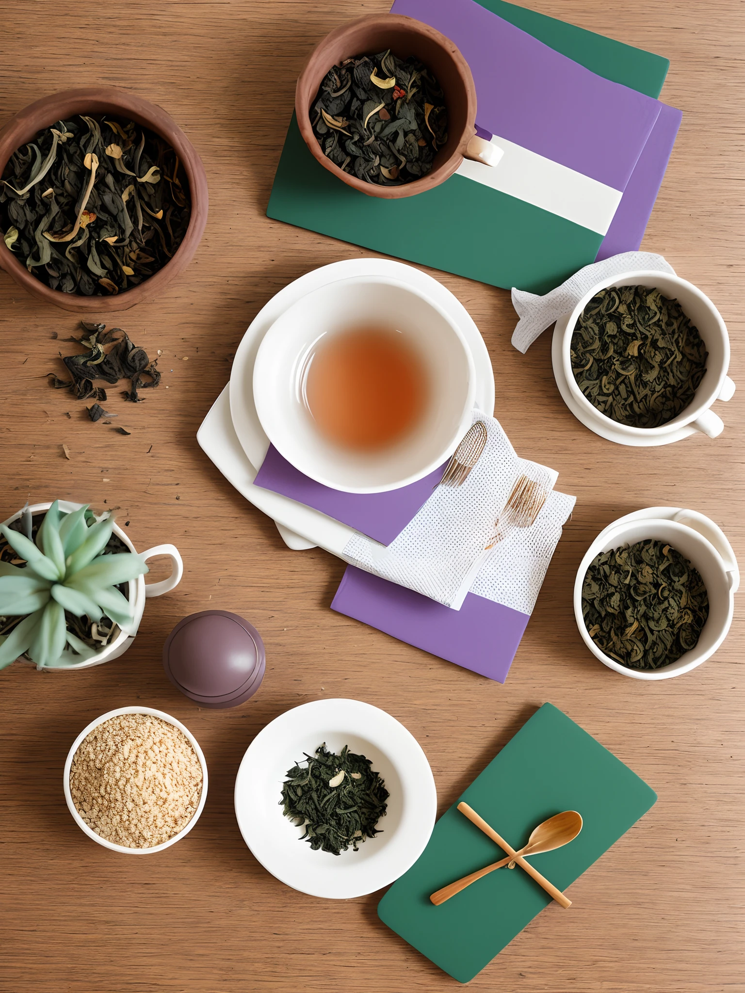 teals,Dried tea leaves,Bamboo woven plates,Purple clay pot,teacup,Tea,girl,desks,rays of sunshine
