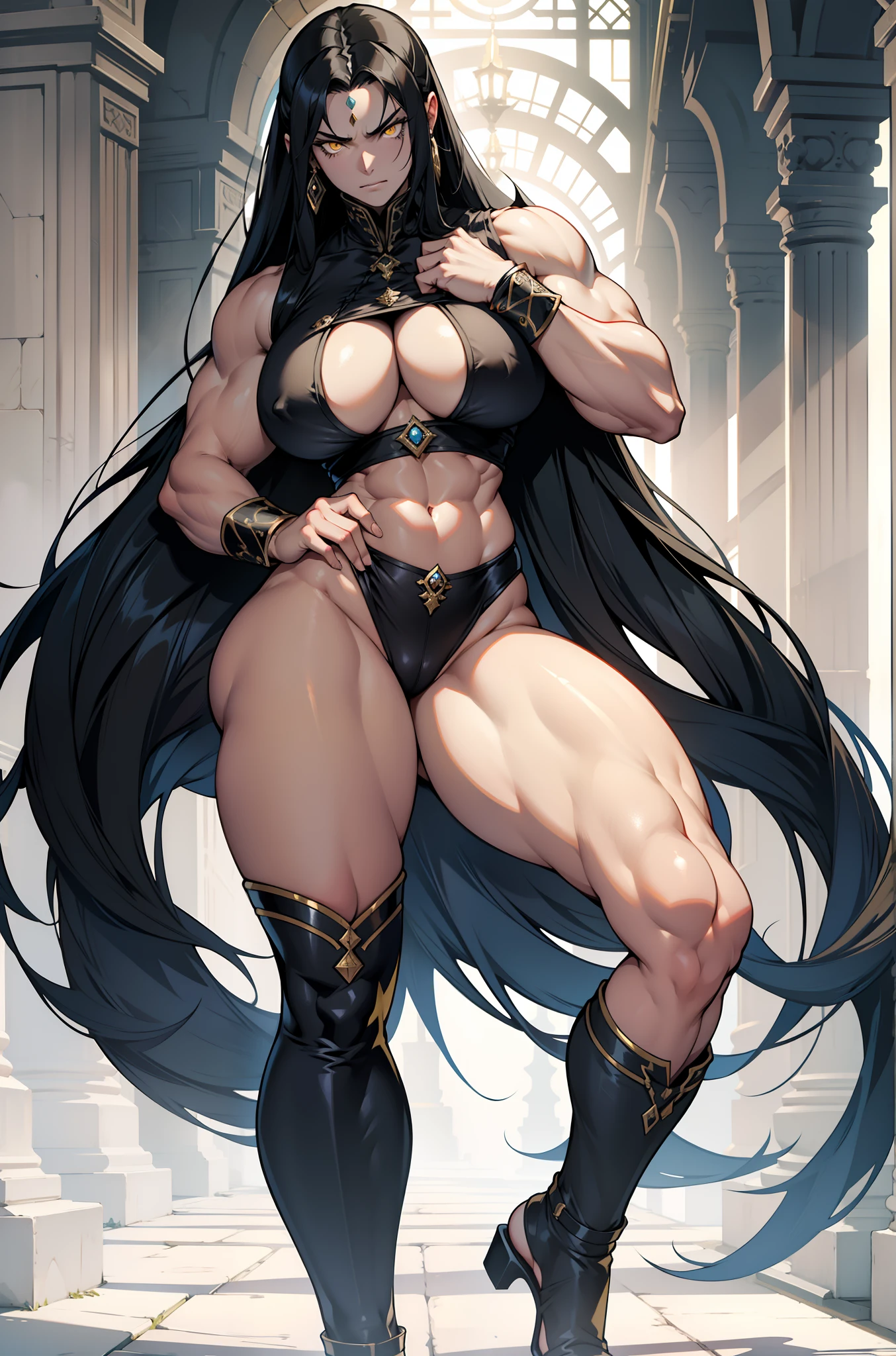 solo, 1 girl, (royal garb), very long hair, black hair, angry, yellow eyes, (((muscular))), ((huge tits)), (thick thighs)), ((wide hips)), pale skin, full body