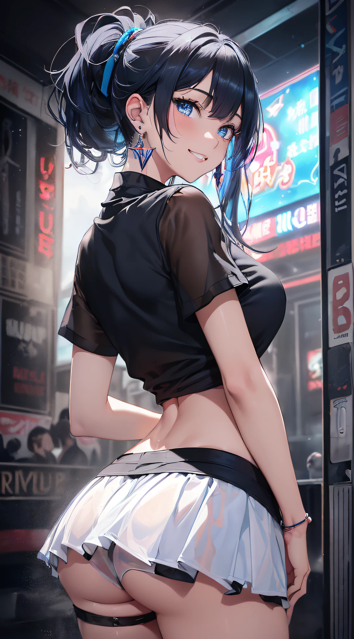 top-quality、Top image quality、masterpiece、girl with((18year old、Best Bust、Medium bust、Bust 85,Beautiful blue eyes、Breasts wide open,Black Short Sleeve T-Shirt、White see-through、Black short skirt、Ponytail with black hair、grin、Fashionable bags、Beautiful blue earrings、emphasis on the buttocks、A slender、Height 175cm,posterior view、bending forward))hiquality、Beautiful Art、Background with((Inside the cinema、Red and blue lighting)),masutepiece、Elaborate design、visualart、depth of fields、The best lighting、highestdetailed、