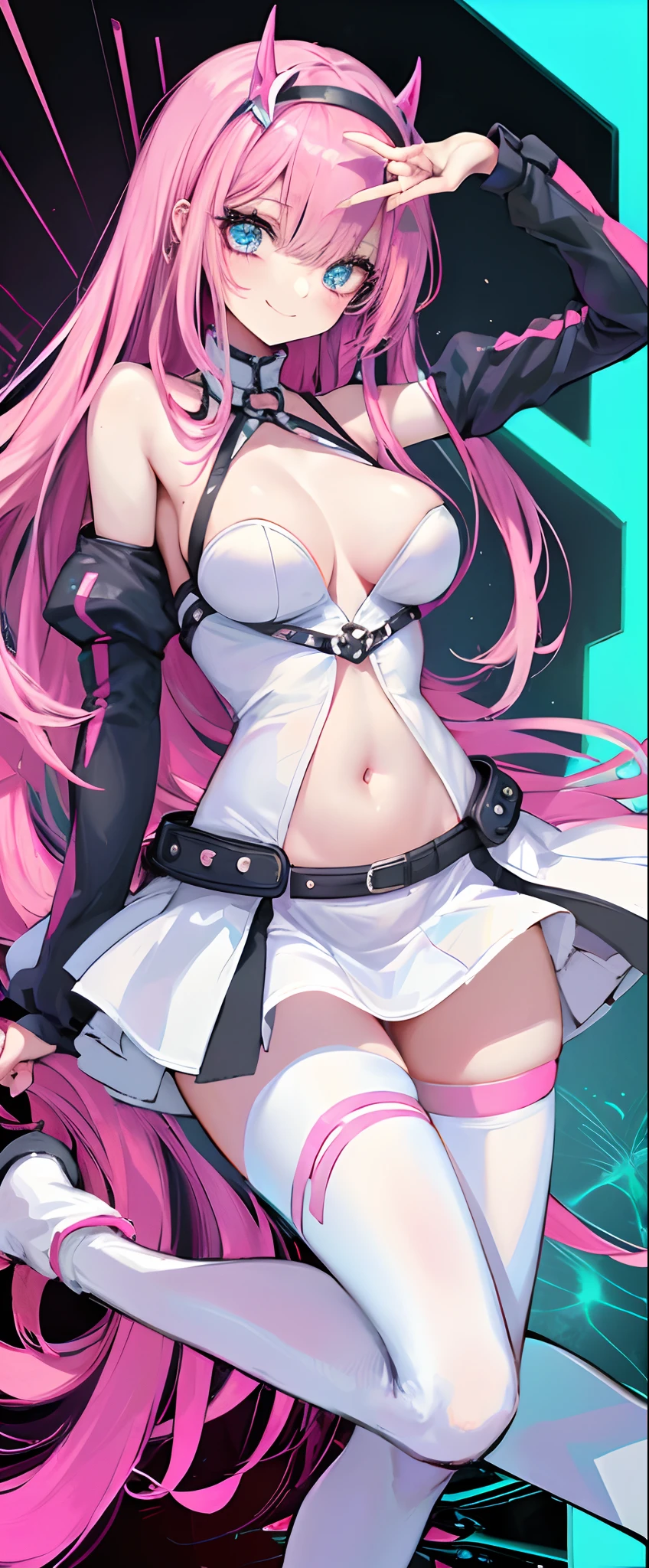 Zerotwo\（Dear in Franks\），tmasterpiece，one-girl，pastelcolor, Cyan eyes, cyber punk perssonage, Pink Long Hair，deep v big breasts，chest，White latex tights，cleanness，Bare arms，show legs，Open navel，Slimming the waist, Happy smile, whole-length, legsupms, full bodyesbian：1.3