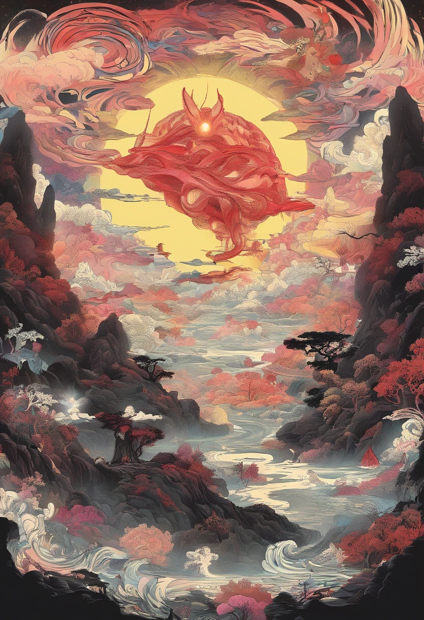 Chinese mythology,Mountain and Sea Sutra,Alien beasts,(((One-legged))),((Spit fire in the mouth)),moor,tmasterpiece,Best picture quality,super-fine,Super magical,ultra - detailed,8K分辨率,OC renderer,dynamic viewing angle