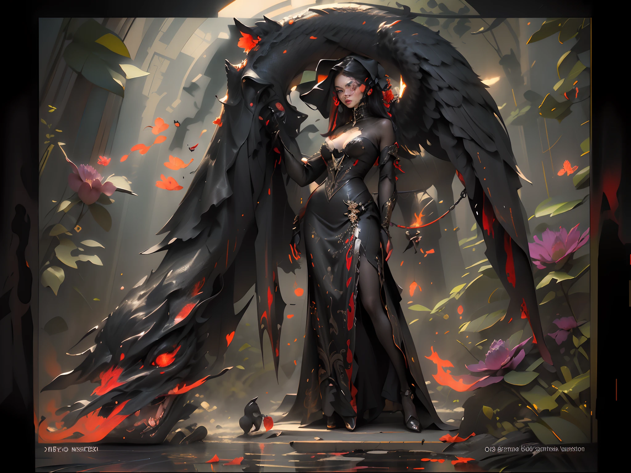 01_Flower woman, very beautiful, Miss Universe, full-length figure, angelic woman, dark muted colors, red evening dress, light satin fabric, fluffy airy skirt, red leather corset with white belts, chains, exquisite jewelry. Long hair, mixed ethnicity, Asian, European style, African American. Her arms are decorated with bracelets, flowers in her hair, lilies and other unusual floral elements. The image radiates magnetic beauty and attractiveness, VOG cover.
02_Stylization, effect – the painting is made using the oil painting technique. Background – Wide brush – brush strokes, textured, careless virtuoso painting. Author, Titian, Rubens, Velazquez. Contemporary painting. Gloomy, scary, attractive.
03_Background - flowers, very strange flowers, the whole picture, long stems, lush flower buds, dark purple-black, green vegetation. Baudelaire “Flowers of Evil”, Wamphyri, Lady – Patroness of Darkness.
04_High image quality, 4K | Ultra HD | Full HD, cinematic rendering, 3D visualization - a masterpiece, TOP computer graphics ART. Unreal 8K engine, motion capture, dark lighting, strong shading, warm shadows - cool lighting, high detail. (vivid, photorealistic, dramatic, dark, sharp focus, 8K). Highly detailed textures, materials, stone, metal, decomposition of corpses, bones, skulls. (shades of gray, red, black, elements, metallic shine, red fire) Destroyed architecture floating in space - debris, stones, ruins, magical pentagrams, amulets, ornaments, Kabbalistic symbols. Film grains, dust and particles in the air.