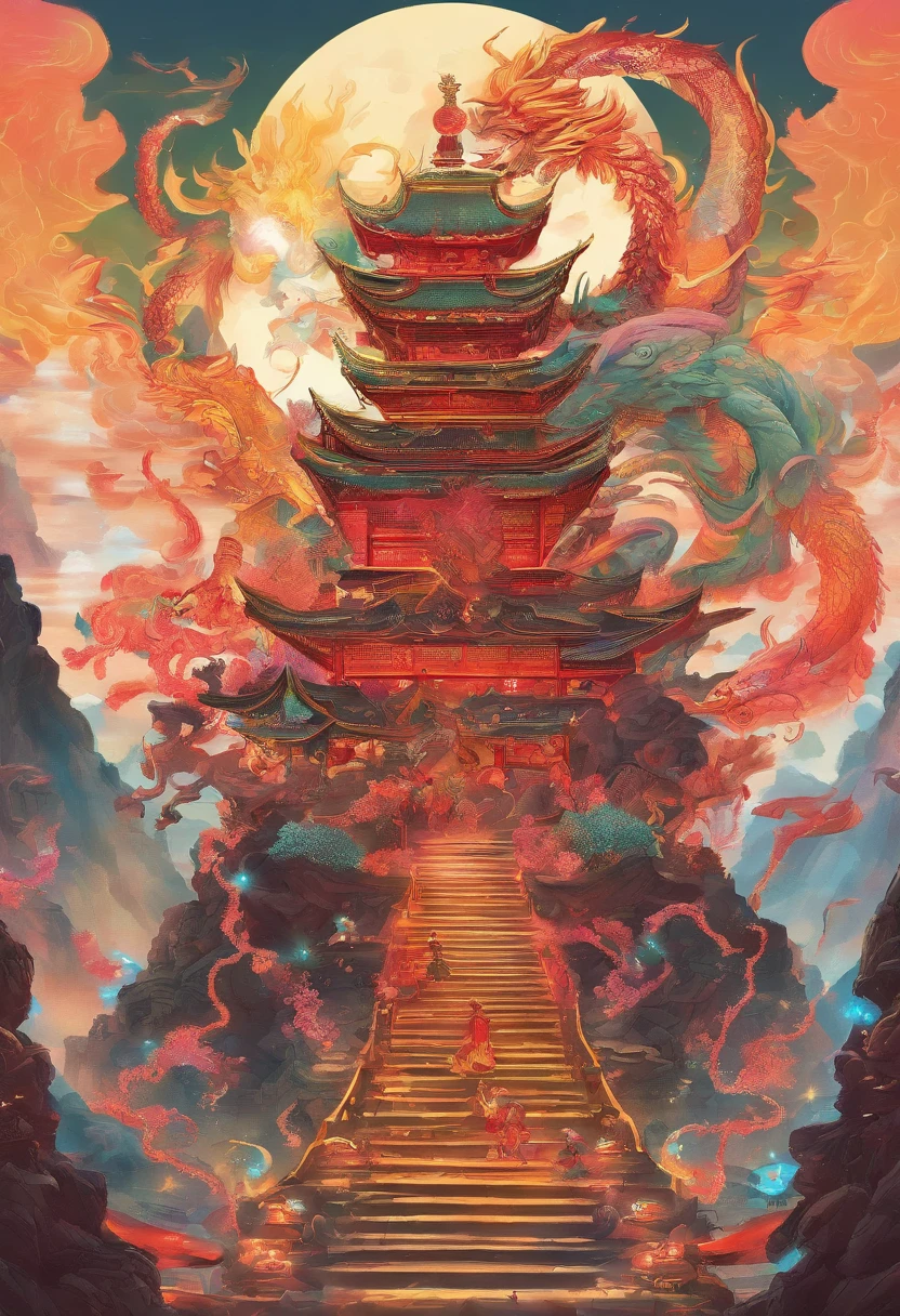 China-style，Chinese mythology，Chinese Green Dragon，tosen，Ferocious，gargantuan，The eyes glow red，Glow effects，surrounded by cloud，Thick clouds，buliding，中景 the scene is，Full body like， highly detailed surreal vfx，oc rendered，