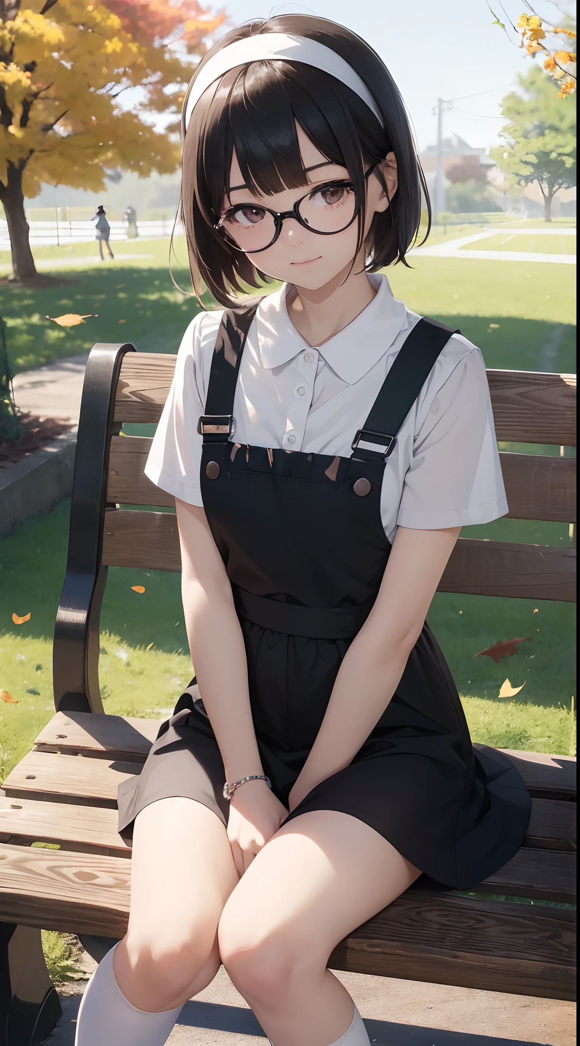 (masutepiece, Best Quality, Capture super cute moments, depth of fields, ultra-detailliert, Ultra High Resolution, C4D, Octadale, 3D Modeling, 8K, 16 K, one girls,a junior high school student, small tits,A dark-haired,short-hair,straight haired,Light brown eyes,White headband,wearing black glasses,Cute face), pinafore,sitting on a park bench、cross one's legs、Rows of autumn leaves
