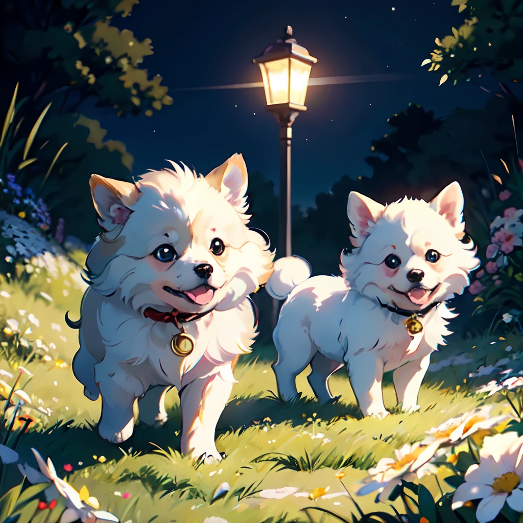 masterpiece illustration , Best Quality, vector art, Cute cream-colored Pomeranian puppy playing with a ball, Beautiful, Digital Art, Concept art, children book illustration, diffused lighting, hight resolution, 8K, Jamie Wyeth, James Gillard, Edward Hopper, by Greg Rutkowsky, Studio Ghibli, Kenshin Impact. Ninh Binh landscape background
