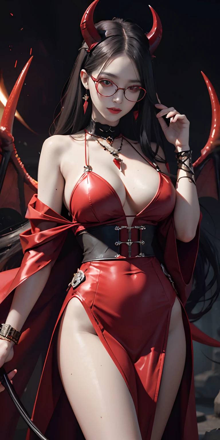 Fine、(The best illustrations)、8k UHD resolution、intricate-detail、top-quality、realisitic、ultra-detailliert、The best lighting、Best Shadows、Soft lighting、Ulutra HD、Dungeon and Dragon、caves、Dungeon、 magia、tentaculata、A Necromancer、natta、Dark style、Succubus、Devil's Daughter、Bat Wings,(((Demon Horns)))、((((black-rimmed round glasses))))、(((Colossal tits)))、(Devil's Tail)、(red eyes glowing:1.6)、masterpiece、beautiful countenance、Tindall Effect、photos realistic、(High Detail Skins:1.2)、8KUHD、Digital SLR、hightquality、a picture、hight resolution、 absurderes、Ponytail distortion、best ratio four finger and one thumb、1人、hair adornments、Red sparkling gemstone necklace、jewely、Beautiful expression、Body Up、Large breasts emphasis、Toned waist、Wide buttocks、Tindall Effect、Photorealsitic、(High Detail Skins:1.2)、In the Dark, lowkey, cowboy lens, (red phoenix dress: 1.0), Long hair, Black hair, Bust, Devil's Palace, devil crown, red eyes make up very sharp and detailed, The most beautiful face, Super tight breasts, Breast augmentation surgery, The breasts are very big and round and round, Black magic costume、Super realistic , Charming smile, The eyes are very well made up, ((Red Eye:1.0)), guweiz, devil style, wearing black mesh socks, Ponytail with a bow tied at the back of the hair, plump beautiful red lips, wearing a thin red and black robe, Hands pull the straps to expose sexy breasts, the landscape is overcast and thunderous, Beautiful female demon portrait, Protagonist Close-up, (Detailed spooky backgrounds:0.8), nffsw, nffsw, The 8k quality, detailed pixel, Meet beautiful girls, Look at the girl's body,