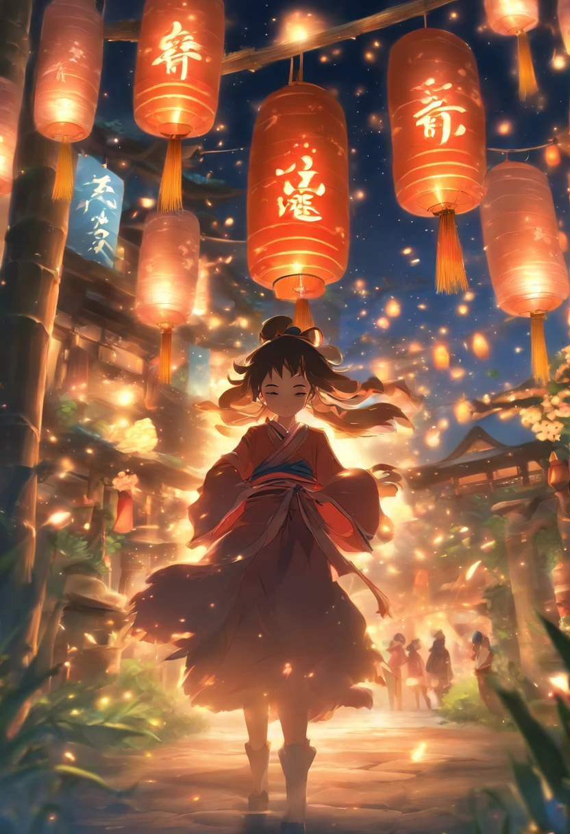 drak、girl、themoon、stalls、band、fire works、tradit、celebrating、enviroment、The villagers、Plaza、Bamboo lanterns、the night、celebrating、Artistically、device、decor、castoff、save、resource，high definition resolution