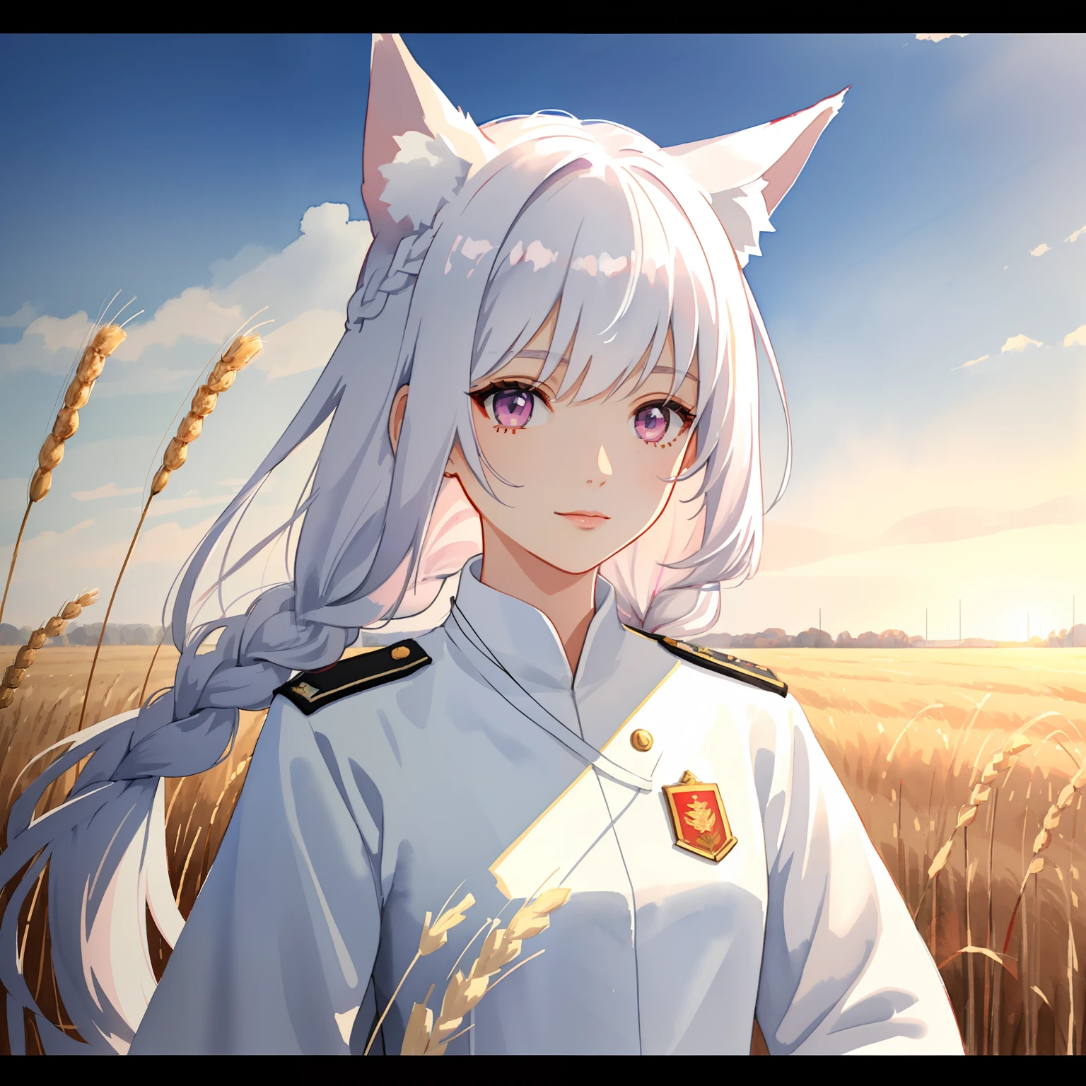 Female, petite, young adult, pink eyes, white hair, braid, white military trenchcoat, black jumpsuit, communist, (watercolor painting), high resolution, best quality, shadows, soft lights, impasto impressionism, (linear art), ((wheat field)), (((very detailed))), slight smile, white officer cap, only fox ears