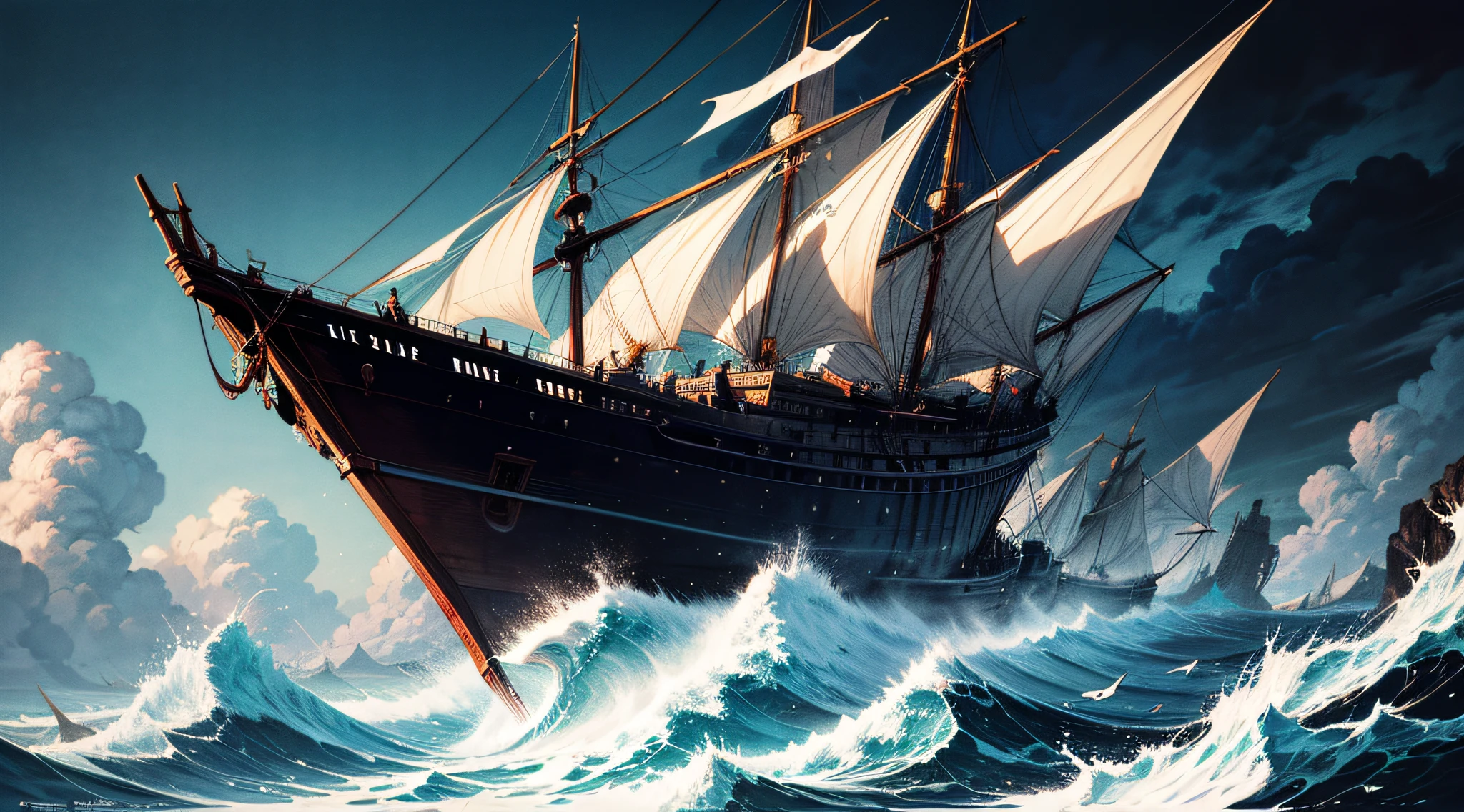 A comic panel featuring Noah's ark, a two-masted ship with billowing white sails, carrying a variety of animals, resembling the works of Frank Miller. High contrast, bold lines, expressive animals, dramatic lighting, intense atmosphere. Comics style.