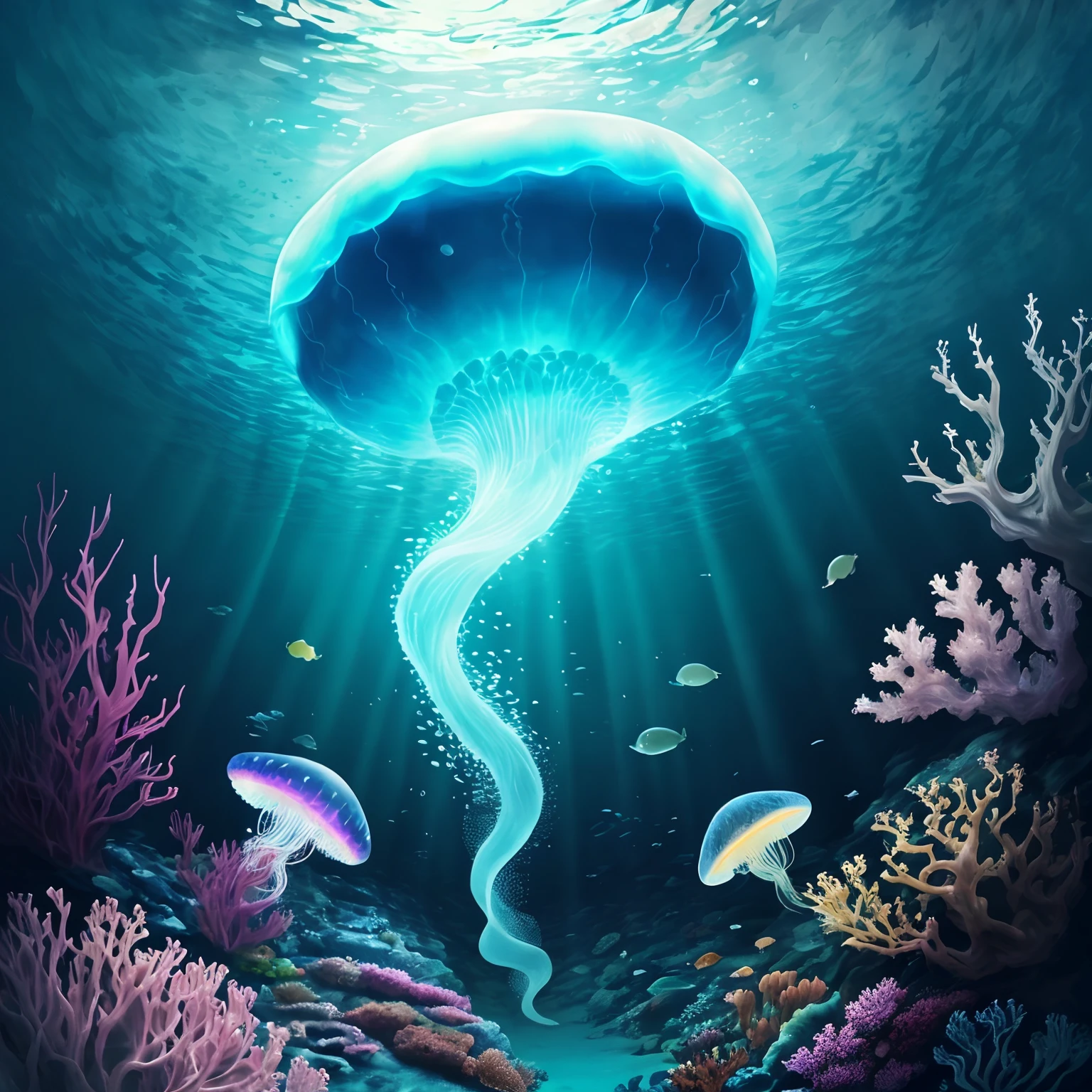 Imagine an underwater world where giant jellyfish illuminate the depths of the ocean. Create a captivating image of these creatures used, with a resolution of 1080 x 1920 pixels. phosphorescentes."