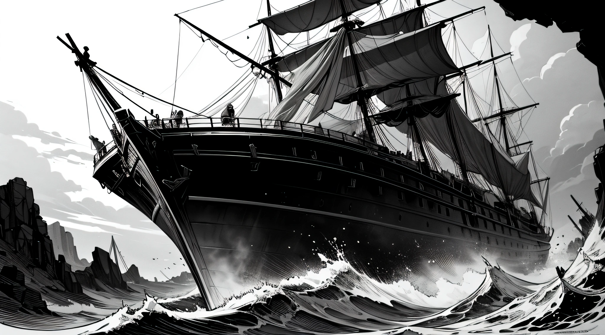 A comic panel featuring Noah's ark, a two-masted ship with billowing white sails, carrying a variety of animals, resembling the works of Frank Miller. High contrast, bold lines, expressive animals, dramatic lighting, intense atmosphere. Comics style.