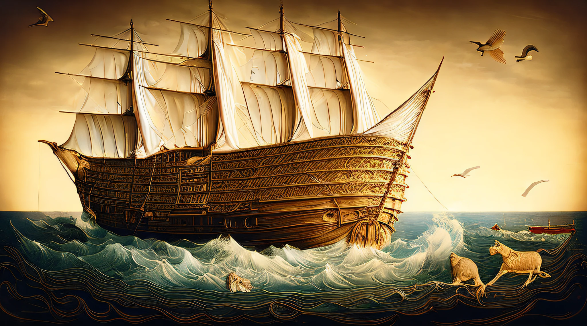 A digital illustration of Noah's ark, a two-masted ship with pristine white sails, laden with animals, drawing inspiration from Albrecht Dürer. Rich, detailed lines, solemn animals, soft lighting, historic atmosphere. Digital illustration style.