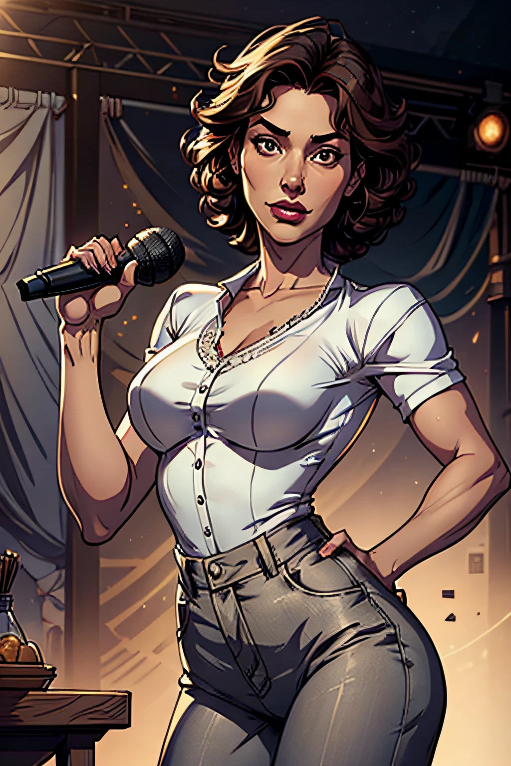 best quality, masterpiece, realistic, photorealism, photo, hdr, detailed, intricate, beautiful scenery, (perfect face:1.3), talk show studio background, 1woman, standing confidetly with a microphone in her hand, slim 1.1, brown short curly hair, white shirt, black trouser,