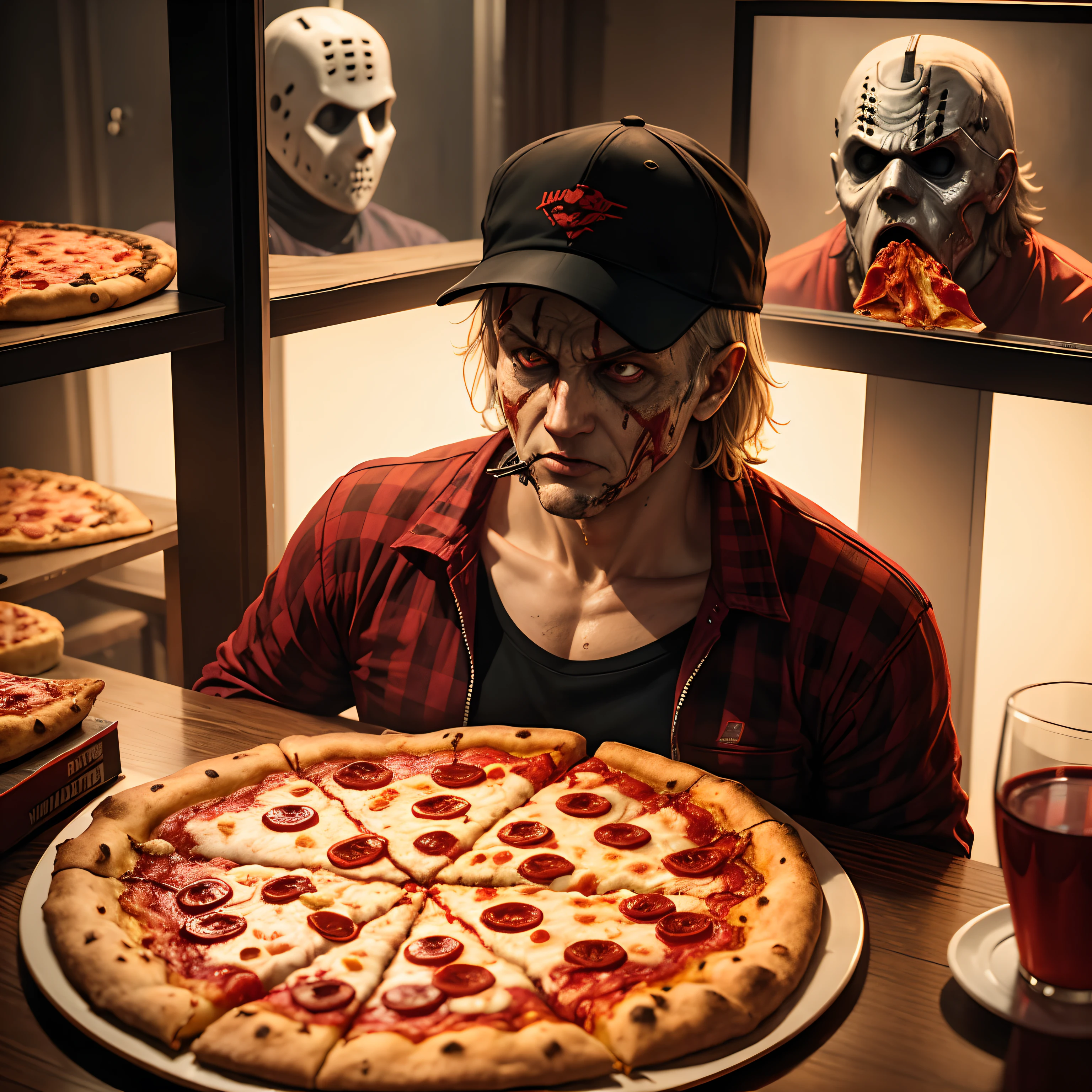 Friday the 13th, Horror movie characters, Freddy Krueger, Michael Myers, Jason Voorhees, pizza, Eating pizza