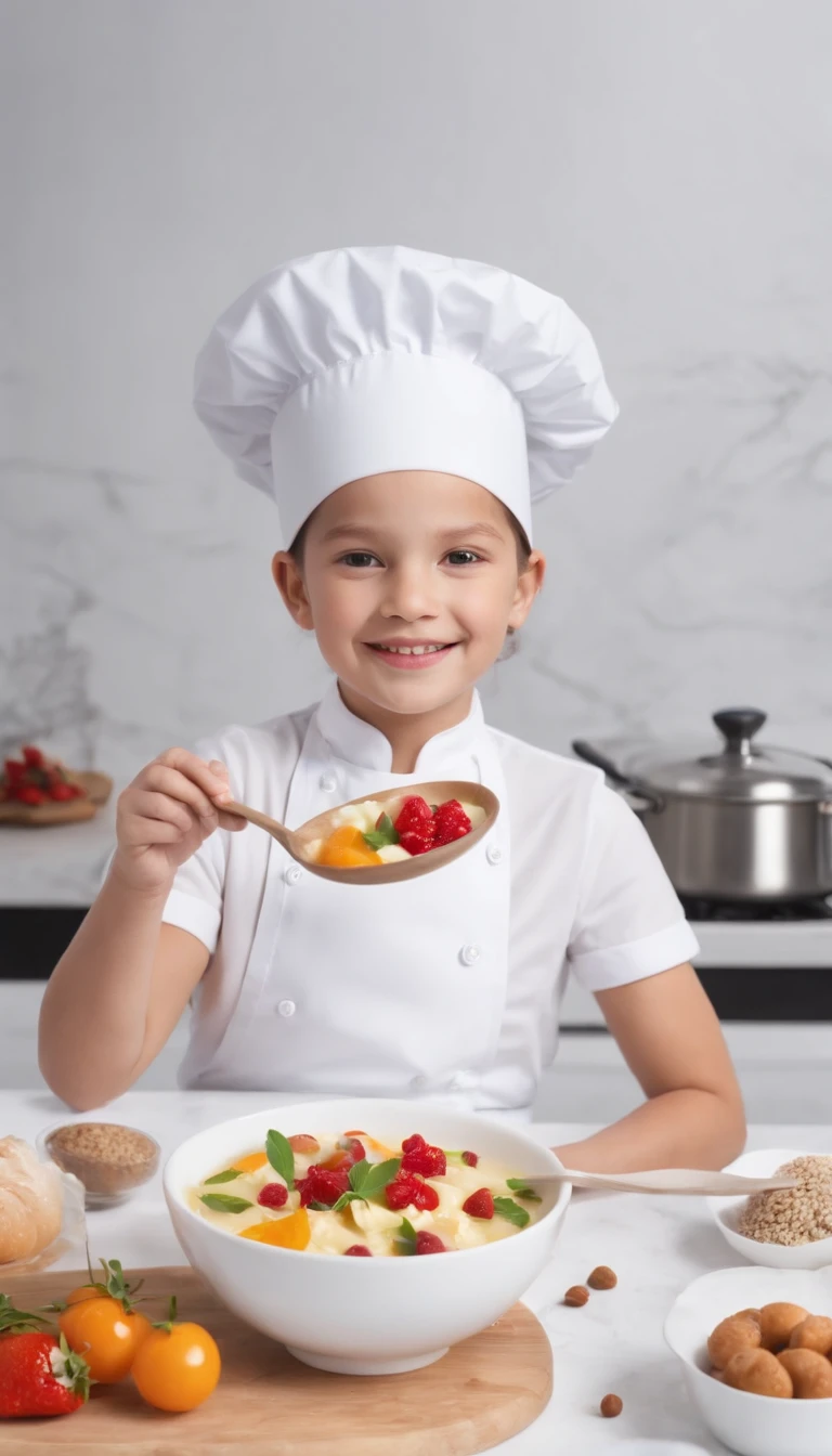 (best quality,4k,8k,highres,masterpiece:1.2),ultra-detailed,(realistic,photorealistic,photo-realistic:1.37),A 6--old ring a chef's hat,creative cooking exploration,extremely detailed facial expressions and hand gestures,joyful and focused,Curly hair,Mischievous smile,recipe book in hands,wooden spoon,measuring cups and spoons,baking ingredients scattered on the table,vibrant color palette,adorable apron with colorful prints,fancy chef's hat,top-notch ingredients displayed in the background,professional food photography lighting-style,fine attention to culinary details,meticulously crafted food presentation,food artist excellence,artistic plating skills,bold flavors captured on the palate,playful arrangements of ingredients,culinary masterpiece in making,culinary adventure in the kitchen,immersive cooking experience,passion for gastronomy,flavorful aromas filling the air,immersed in the process of creation,fascinating textures and mouth-watering dishes,impeccable knife skills,culinary creativity at its peak,enchanted by the magic of cooking,experiencing the joy of food exploration,mesmerizing fusion of ingredients and techniques,culinary storytelling at its best,unleashing creativity through gastronomy
