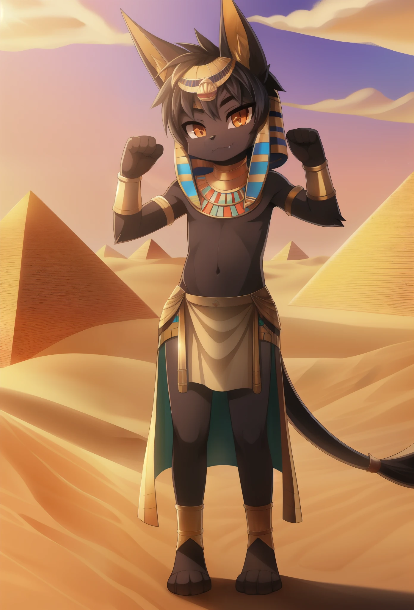 Furry shota, young, jackal, black hair, spiky hairstyle, orange eyes, detailed body fur, egypcian small loincloth, egyptian adorns, masterpiece, looking at you, fangs, black body fur, detailed face, big eyebrows, detailed eyes, detailed body, desert, piramid, egypt, clear sky, detailed hands, flat body, glistering body, shiny body, skinny, high quality, paws whit three toes, full body, sassy face, :3,