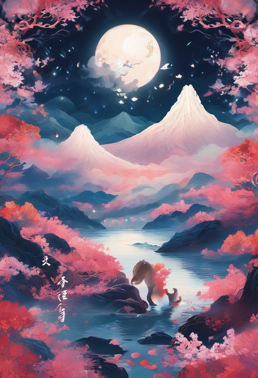Chinese mythology,Mountain and Sea Sutra,white fox,(((Nine Tails))),moutains,Moon Night,tmasterpiece,Best picture quality,super-fine,Super magical,ultra - detailed,8K分辨率,OC renderer,dynamic viewing angle