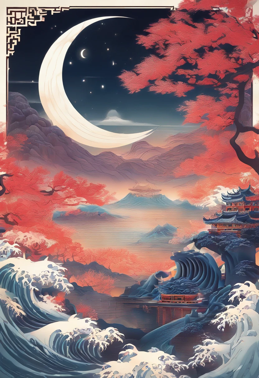 Chinese mythology，Mountain and Sea Sutra，white fox，（（（Nine Tails））），moutains，Moon Night，tmasterpiece，Best picture quality，super-fine，Super magical，ultra - detailed，8K分辨率，OC renderer，dynamic viewing angle