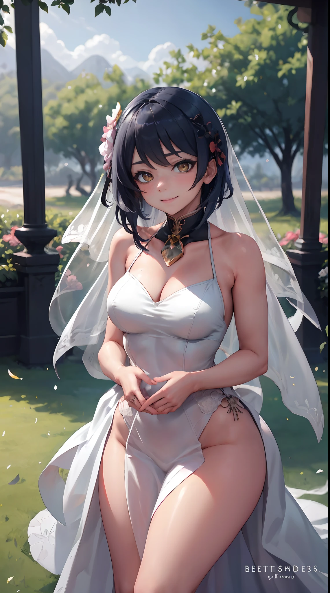 Kujou Sara | genshin impact, master-piece, bestquality, 1girls,25 years old, proportional body, proportional., Wedding Dresses, White Wedding Dress, Long skirt, wedding, ,bara, Standing in the middle of a flower garden, outdoor, wedding, The sky is beautiful, In a paradise of love and happiness....................., The bride wears a Japanese dress and a seductive smile....................., The passage of time stops at theirs....................., On this wedding day of love and happiness....................., Bright and beautiful flowers, Holding it in her hands symbolizes the envelopment of love....................., Love and friendship through the transmission of flowers, In a paradise of love and happiness....................., A bride in a yukata wearing a masika....................., It is a form of beauty and elegance....................., Show your spouse your heart...................., In a paradise of love and happiness....................., Kochikugisa is the tree of new beginnings....................., And their love and affection.................., And suck a lot of love....................., Flowers represent love and peace....................., In a paradise of love and happiness....................., View viewers from the front., Thigh strap, Head tilt, bored, 10, 10, HD, slight smile,