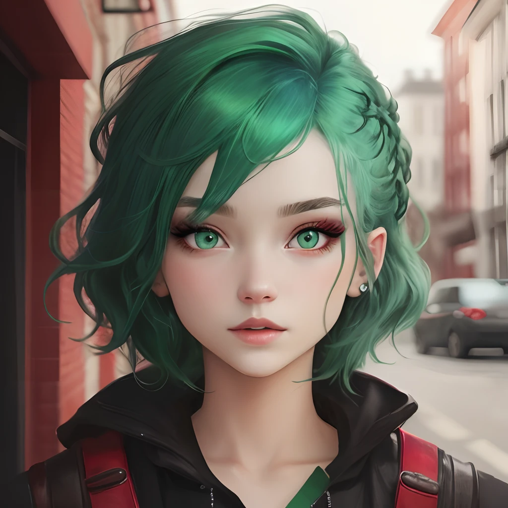 Green hair，red color eyes