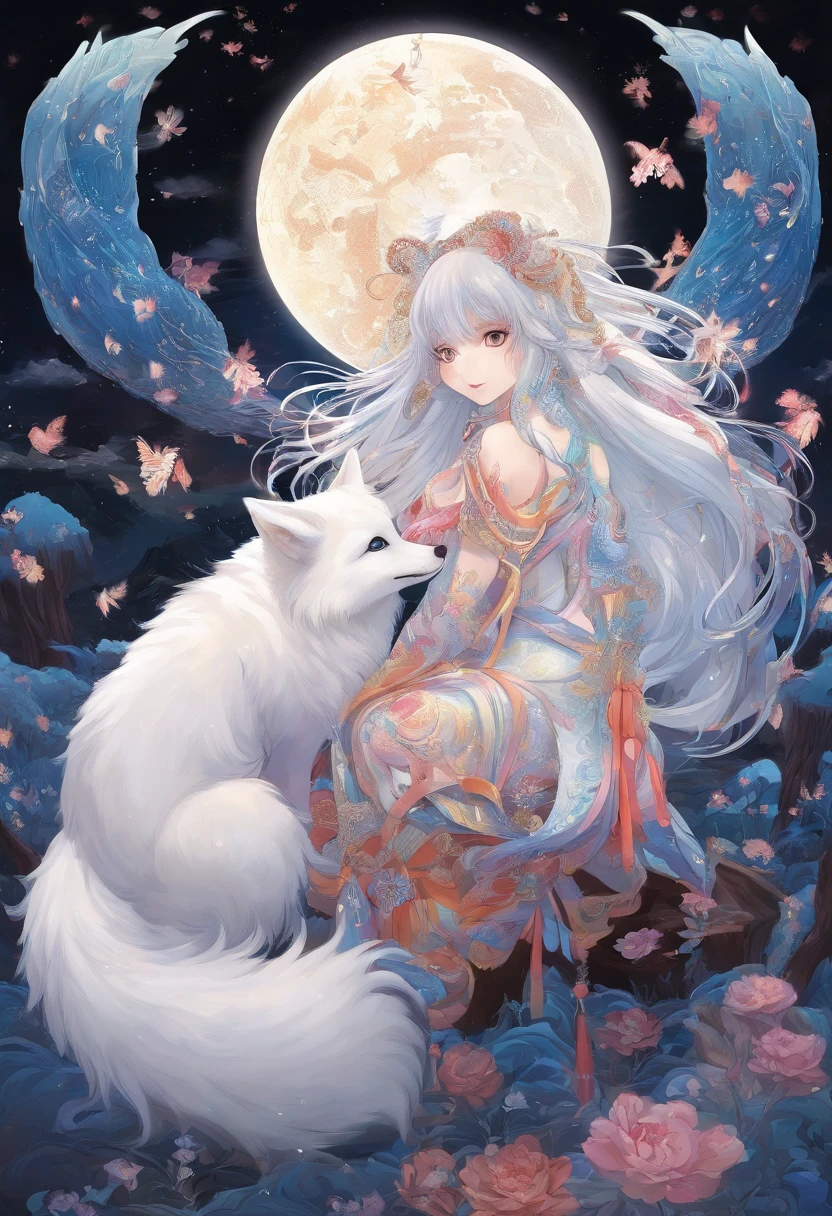 Chinese mythology,white fox,(((Nine Tails))),moutains,Moon Night,tmasterpiece,Best picture quality,super-fine,Super magical,ultra - detailed,8K分辨率,OC renderer,dynamic viewing angle