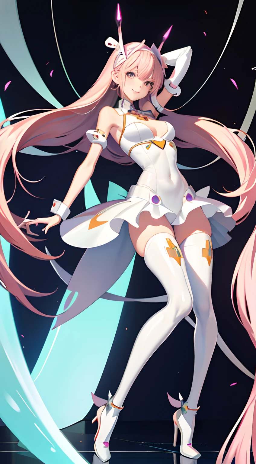 Zerotwo\(Dear in Franks\),tmasterpiece,one-girl,pastelcolor, cyber punk perssonage, Pink Long Hair,deep v big breasts,chest,White latex tights,Bare arms,show legs,Open navel,Slimming the waist, Happy smile, whole-length, legsupms, full bodyesbian:1.3