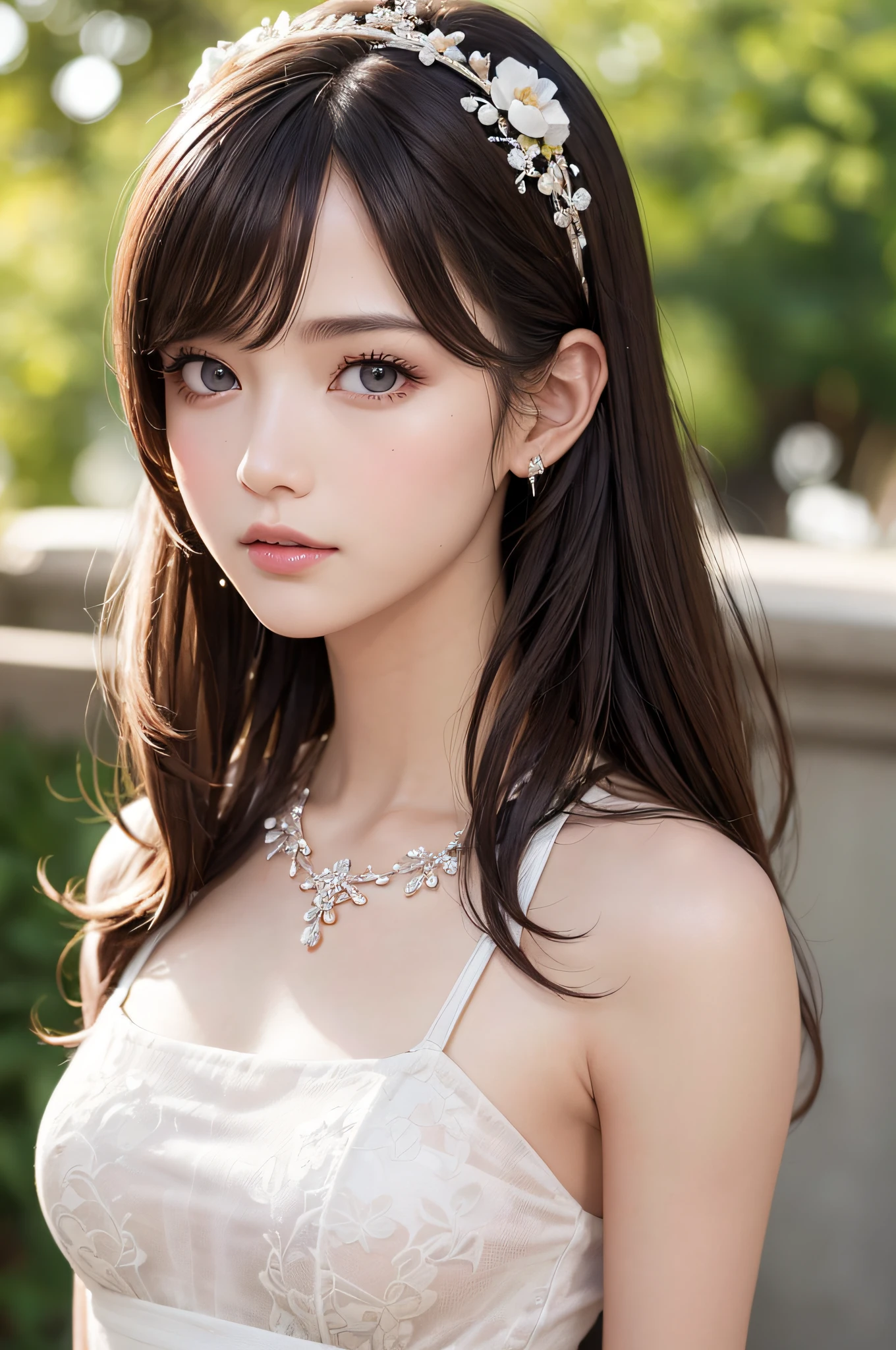 (masutepiece:1.3), High resolution, ultra-detailliert, the Extremely Detailed CG Unity 8K Wallpapers, Realistic, Photorealsitic, Raw photo, beautifull detailed face, pale skin, realistic glistening skin, Detailed Cloth Texture, detailed hair texture, Perfect body, Beautiful face, acurate, Anatomically correct, Highly detailed face and skin texture, Natural neck length, (Fair skin:1.2), thin legs, Thin feet, (Aligned teeth:1.1), Sweaty skin, BREAK, Detailed eyes, symmetrical eye, Light brown eyes, Double eyelids, Thin eyebrows, (Sleepy eyes:1.1), (Glossy lips:1.4), (Mouth waiting for a kiss:1.2), (blush:1.2), (Small hair accessories that sparkle:1.1), BREAK, (classy girl:1.3), (Wearing (doress:1.2) With a white floral pattern), BREAK, ((Close Up Shot:1.2)), medium breasts, Slender figure, Firm abs, ((up do hairstyle, Dark blonde hair, Wavy Hair, Long hair:1.1)), ((asymmetric bangs:1.2)),