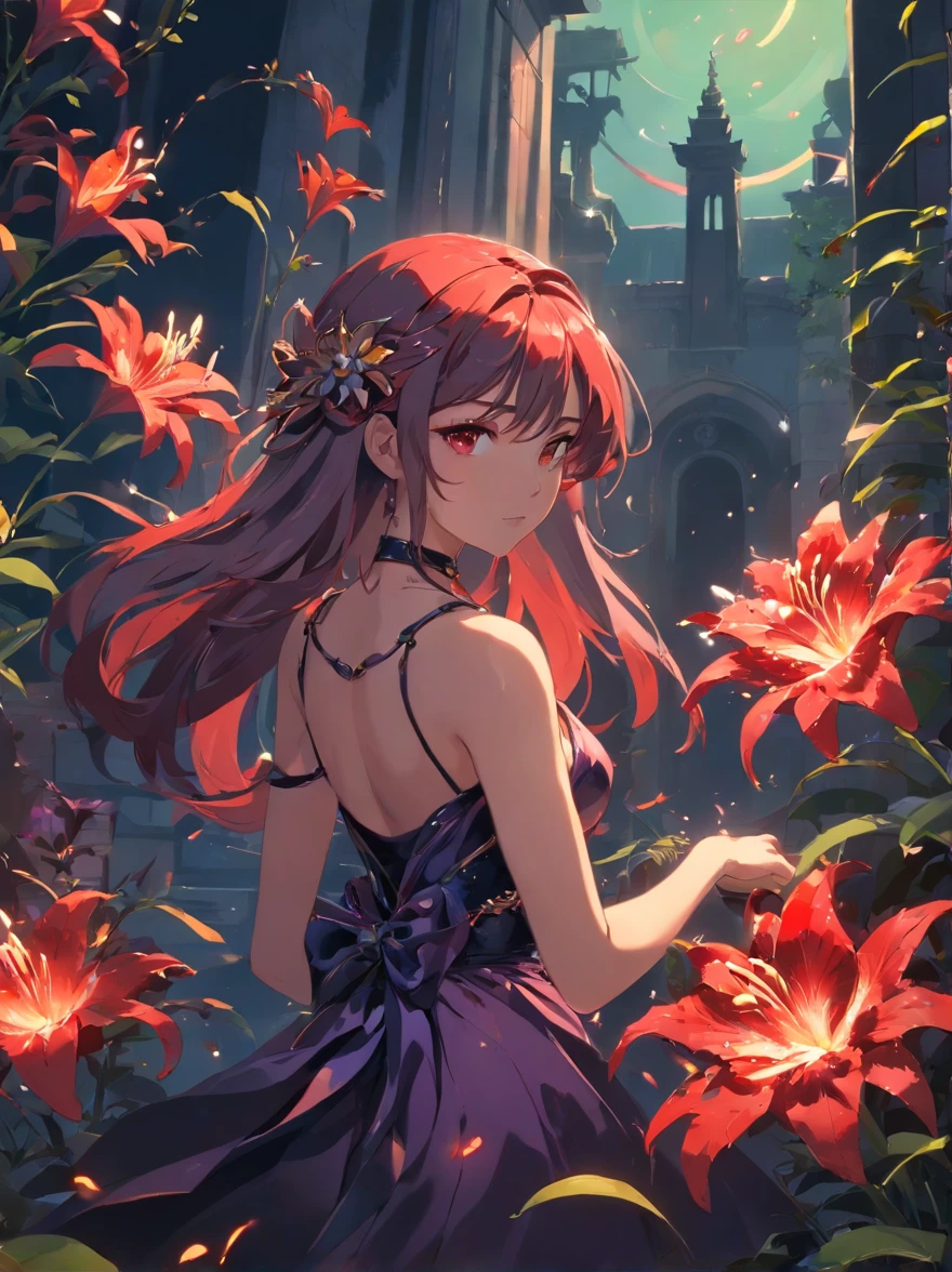 01_Flower woman, very beautiful, Miss Universe, full-length figure, angelic woman, dark muted colors, red evening dress, light satin fabric, fluffy airy skirt, red leather corset with white belts, chains, exquisite jewelry. Long hair, mixed ethnicity, Asian, European style, African American. Her arms are decorated with bracelets, flowers in her hair, lilies and other unusual floral elements. The image radiates magnetic beauty and attractiveness, VOG cover.
02_Stylization, effect – the painting is made using the oil painting technique. Background – Wide brush – brush strokes, textured, careless virtuoso painting. Author, Titian, Rubens, Velazquez. Contemporary painting. Gloomy, scary, attractive.
03_Background - flowers, very strange flowers, the whole picture, long stems, lush flower buds, dark purple-black, green vegetation. Baudelaire “Flowers of Evil”, Wamphyri, Lady – Patroness of Darkness.
04_High image quality, 4K | Ultra HD | Full HD, cinematic rendering, 3D visualization - a masterpiece, TOP computer graphics ART. Unreal 8K engine, motion capture, dark lighting, strong shading, warm shadows - cool lighting, high detail. (vivid, photorealistic, dramatic, dark, sharp focus, 8K). Highly detailed textures, materials, stone, metal, decomposition of corpses, bones, skulls. (shades of gray, red, black, elements, metallic shine, red fire) Destroyed architecture floating in space - debris, stones, ruins, magical pentagrams, amulets, ornaments, Kabbalistic symbols. Film grains, dust and particles in the air.