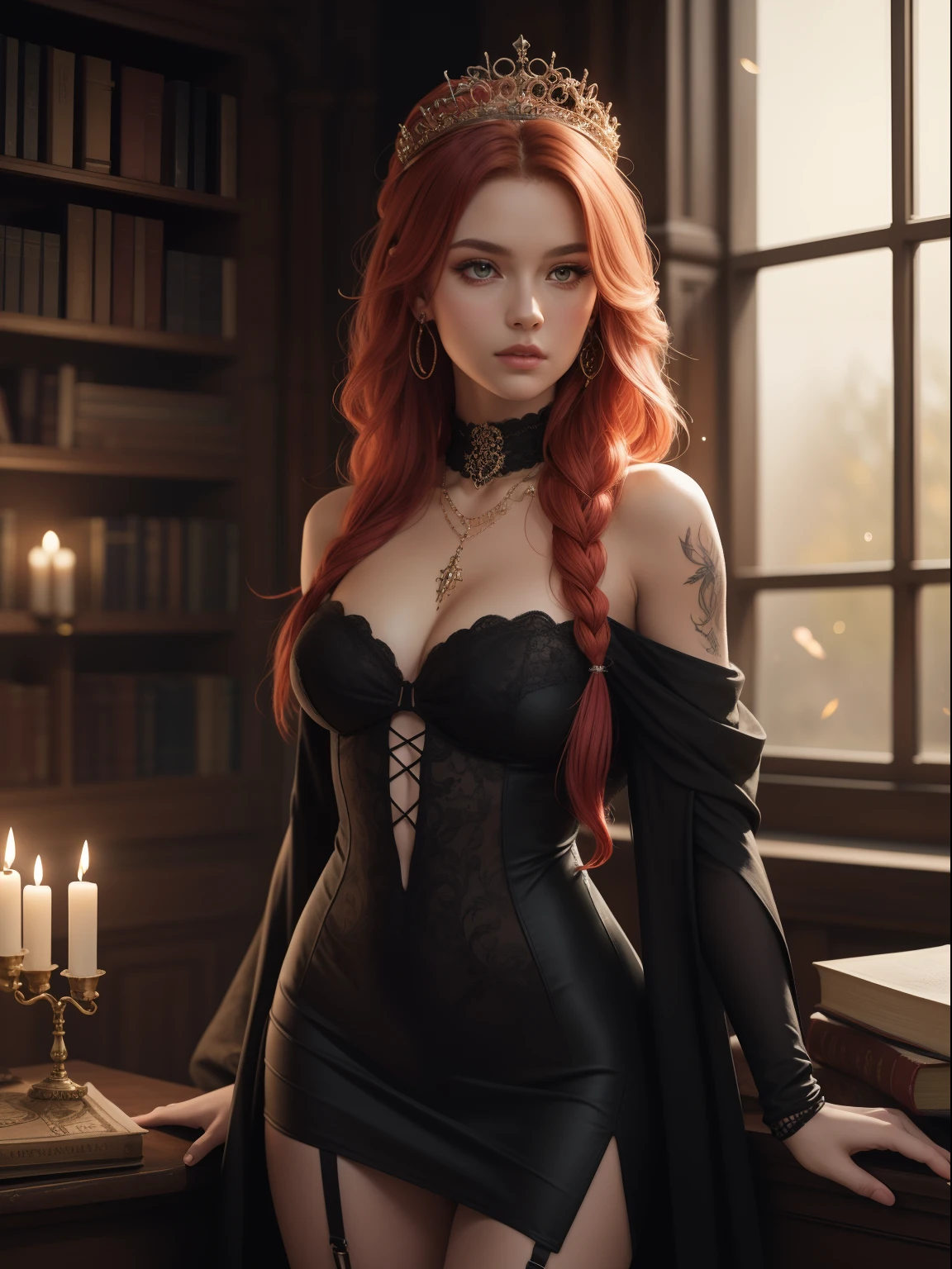 RAW professional photograph of the absolute reigning goddess Queen of witches. Masterpiece. 8k artstation. Perfect facial and body anatomy proportions. She has a pretty Irish face and slim athletic body. and long braided red hair. She is covered with occult tattoos. and lots of jewelry. and flowers in her hair. She wears an off shoulder Gothic dress that is regal and elegant and suggestive. Wearing a pretty circler in her hair. Stockings. Incredible detail to clothing texture and pattern. Setting: a decent mansion study. Surrounded by books and glowing potions and candles. She reads an ancient book and dazzling balls of lights and colors surround her. Fireflies. Autumn. Big window. Blurry background, colorful, bokeh effect, god rays, dynamic pose,