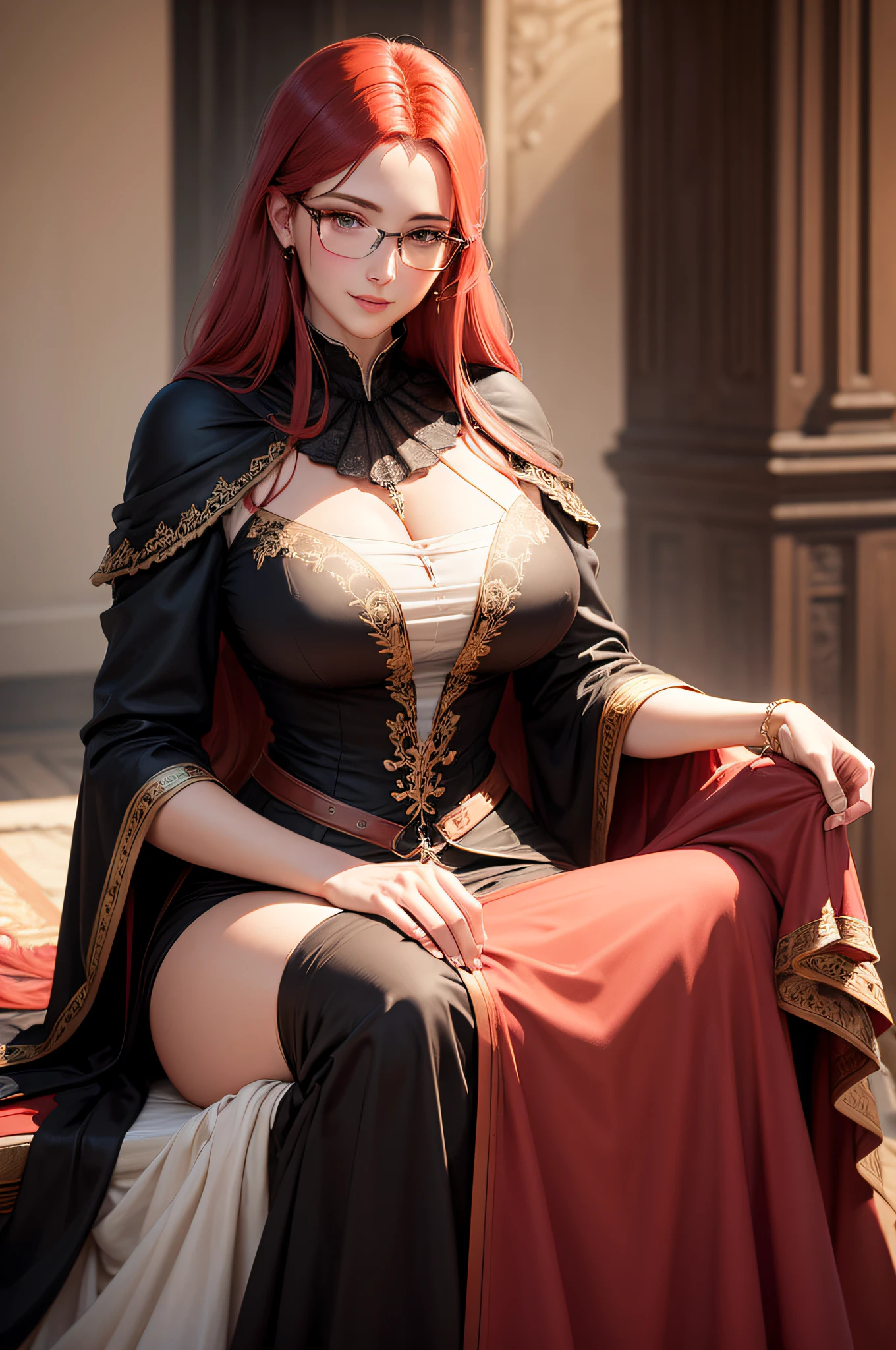 Pure desire royal sister,Tall and tall,Outstanding appearance,realisticlying,Day wind,Ultra detailed,Detailed face,Looking at the audience,red hair,Black shawl,desire big breasts,Blush,Mature female,seduct smile,White slimming shirt,Those who do not wear glasses,Sitting