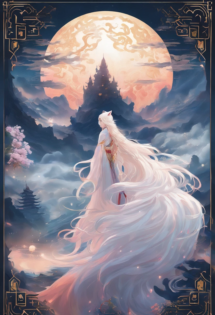 Chinese mythology,Huge white fox,Thick clouds,(((Nine tails))),moutains,themoon,tmasterpiece,Best picture quality,super-fine,Super magical,ultra - detailed,8K分辨率,OC renderer,dynamic viewing angle