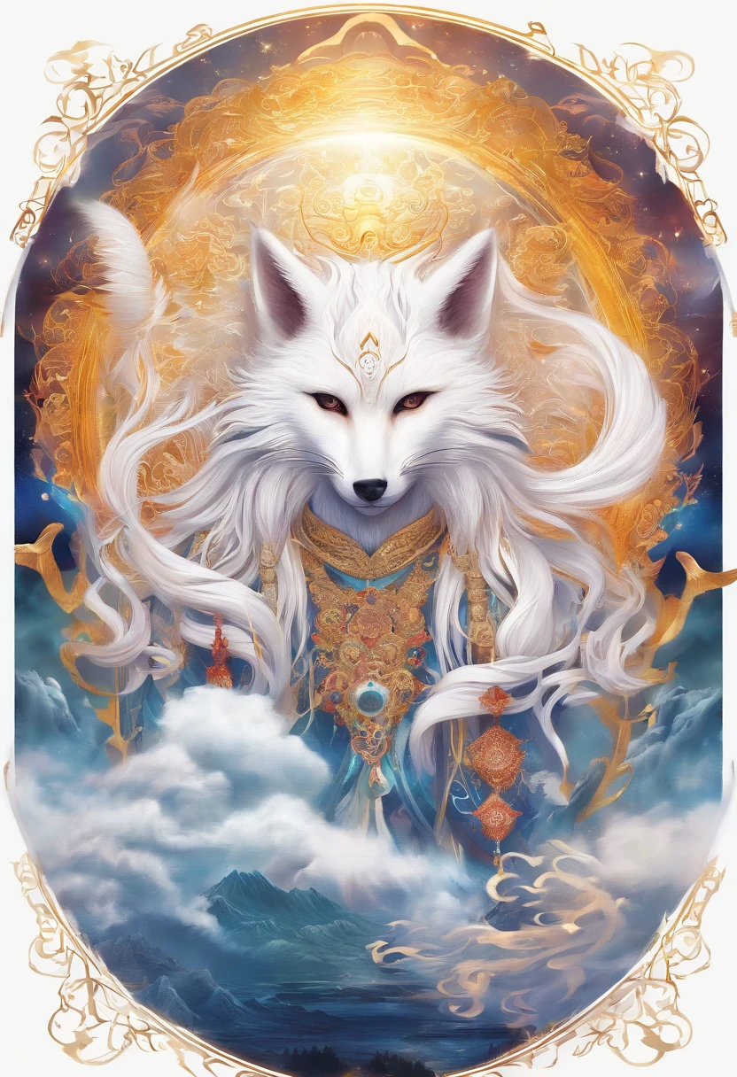 Chinese mythology,Huge white fox,Thick clouds,(((Nine tails))),moutains,themoon,tmasterpiece,Best picture quality,super-fine,Super magical,ultra - detailed,8K分辨率,OC renderer,dynamic viewing angle