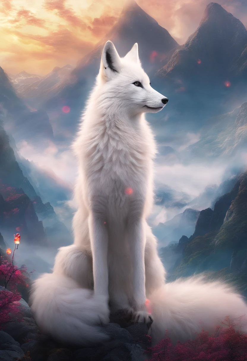 Chinese mythology,Huge white fox,Thick clouds,(((Nine tails))),moutains,themoon,tmasterpiece,Best picture quality,super-fine,Super magical,ultra - detailed,8K分辨率,OC renderer,dynamic viewing angle