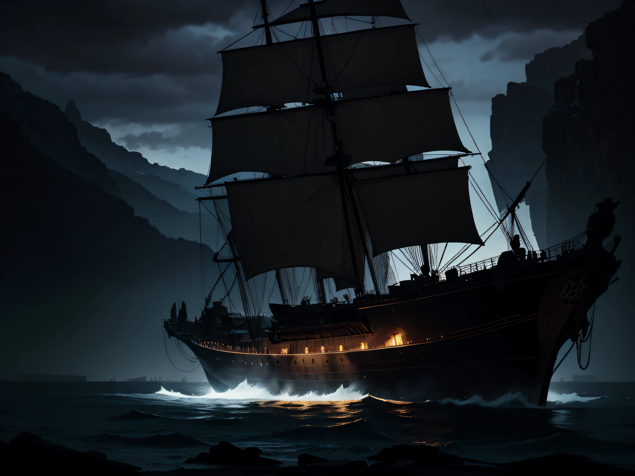 A comic panel featuring Noah's ark, a two-masted ship with billowing white sails, rounded shape, carrying a variety of animals, resembling the works of Frank Miller. High contrast, bold lines, expressive animals, dramatic lighting, intense atmosphere.