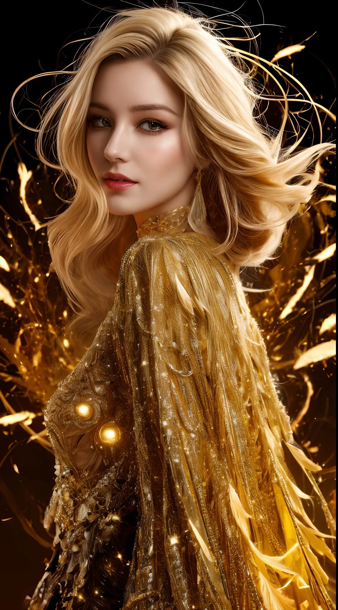 Acid lighting, from below, hyperdetailed, hyper realistic, epic action full body portrait Incredible beautiful of Firebird girl with the merger between gold and fire, hypnotic opinion, fractal hair and feathers, detailed face | DamShelma | Bayard Wu, Ognjen Sporin, Yann Dalon, Toni Infante, Amr Elshamy, Viktor Miller-Gausa inquisitive soul | inspiration | gold colors, intricate detailing, surrealism, fractal details, enigmatic flirty smile, view from back, dressed in complex chaotic diamond outfit, artificial nightmares style, reflective eyes, detailed eyes, detailed art deco ornamentation, 32k, fantasy, midshot, very sharp objects, everything is detailed, detailed outfit, detailed hair, blonde long hair