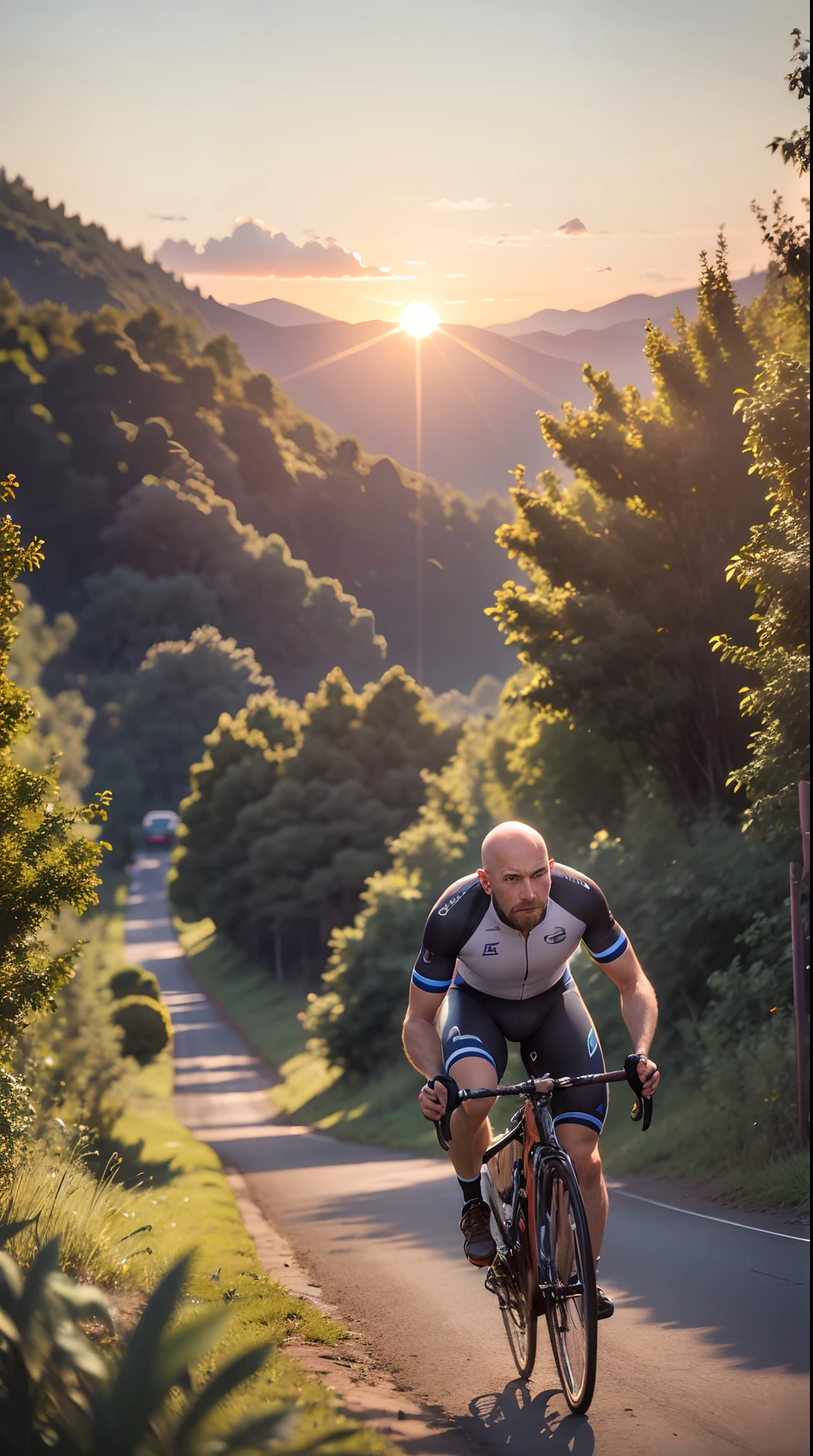 Bald man, photographic realism, 35 years old, cycling, clean shaven, cycling on a trail, emphasis on nature, sunrise,  1024x786, 8k --auto --s2