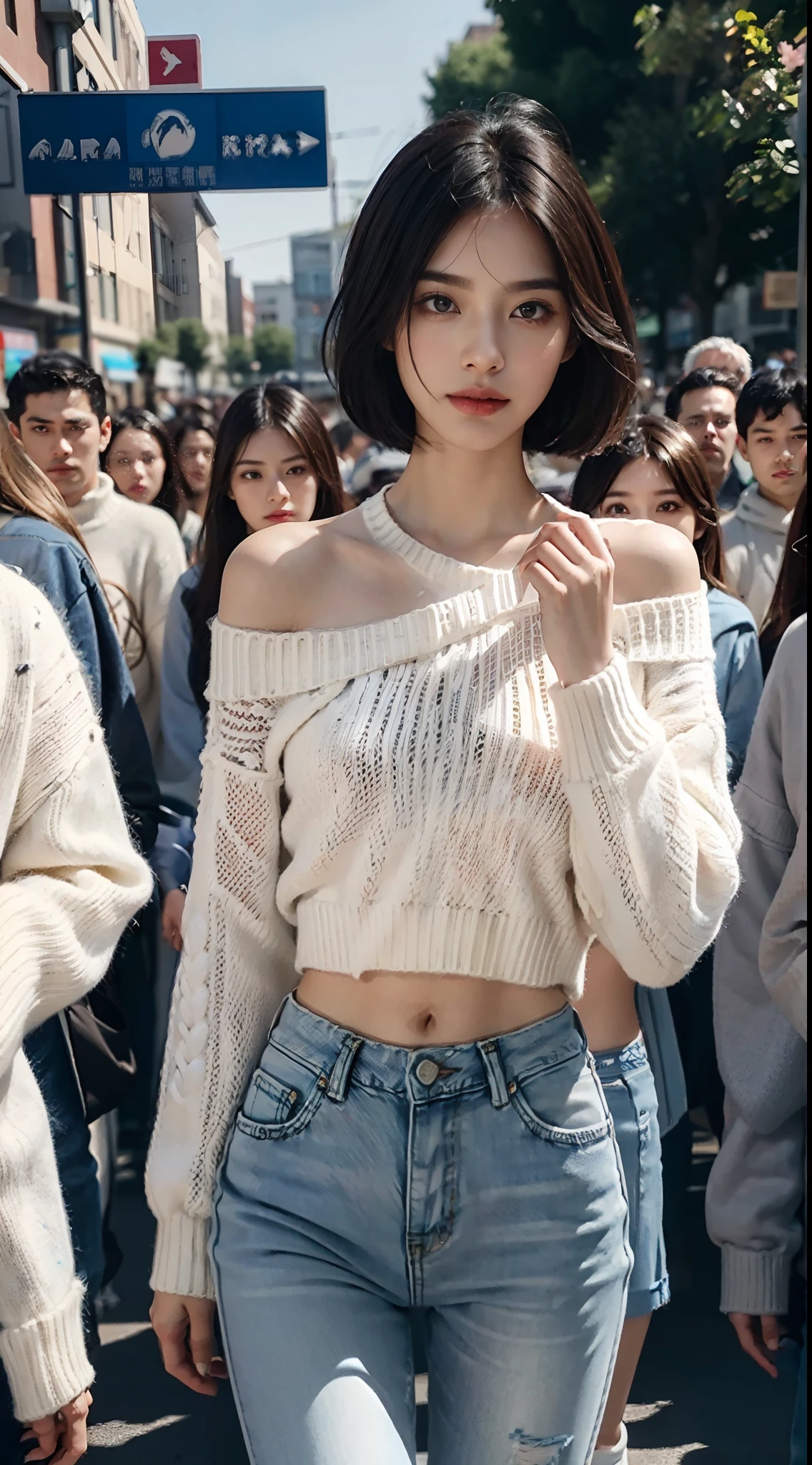 (shoulder length straight short black hair: 1.3), （Extremely meticulous CG 8k wallpaper），（Extremely refined and beautiful），（Masterpiece），（best qualtiy：1.0），（Ultra High Resolution：1.0），beautiful light up，Perfect lightning，realistic shaded，[A high resolution]，Smooth and flawless fair skin，Extremely exquisite facial details，（perfect body：1.1），ultra - detailed，A beautiful girl,small head,(Small breasts:1.1),Flat chests，slim，thin，Smile，cheerfulness,(white sweater:1.5),(light blue denim pants:1.3),Slender legs,(White sneakers:1.2)Dusk,Sunset light,Close Shot,(Surrounded by a crowded crowd:1.5),At the school gate,standing,(Well-cut abdominal muscles:1.2),cowboy shot