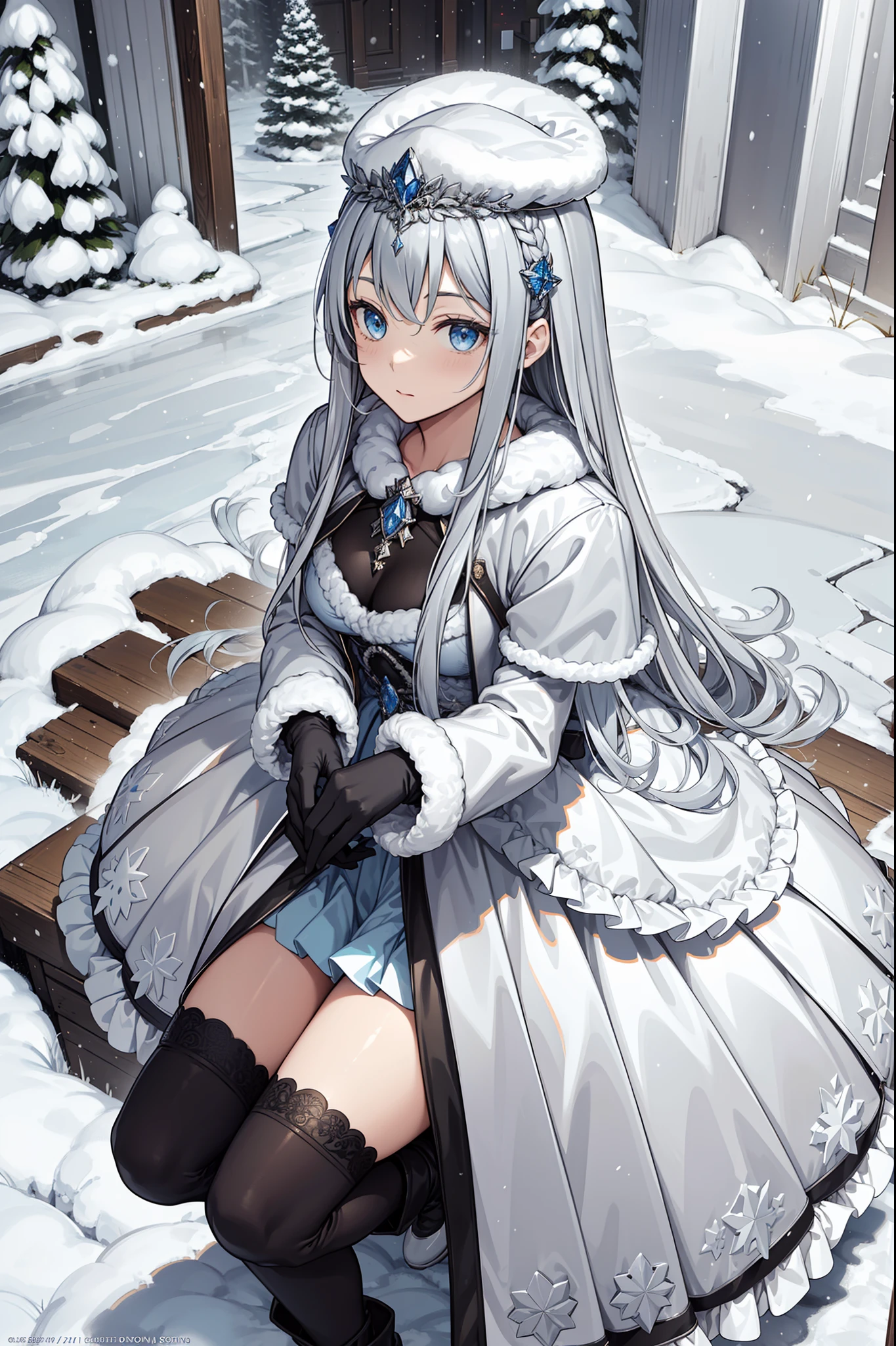 saints，divino，solemn，(wintercoat:1.1)，Long boots，Long gloves，(Cotton coat)，(Winter hat:1.3)，(Lots of plush:1.1)，down jacket，(Silvery hair:1.1)，eBlue eyes，(Many ornaments made of ice:1.1)，Light gray edges，Light gray pattern，Maximalism，Ruffles，Lace，Delicate embroidery，Delicate pattern，(exquisite costumes)，The background is the Ice Palace，(Cold special effects:1.2)，solo person，Beautiful detailed face，Enchanted，